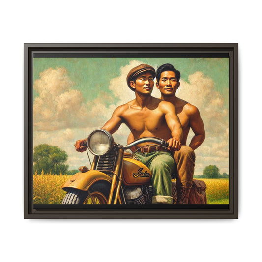 Framed artwork of an Asian-American gay couple riding a vintage yellow motorcycle through Iowa's serene countryside, celebrating love and unity.
