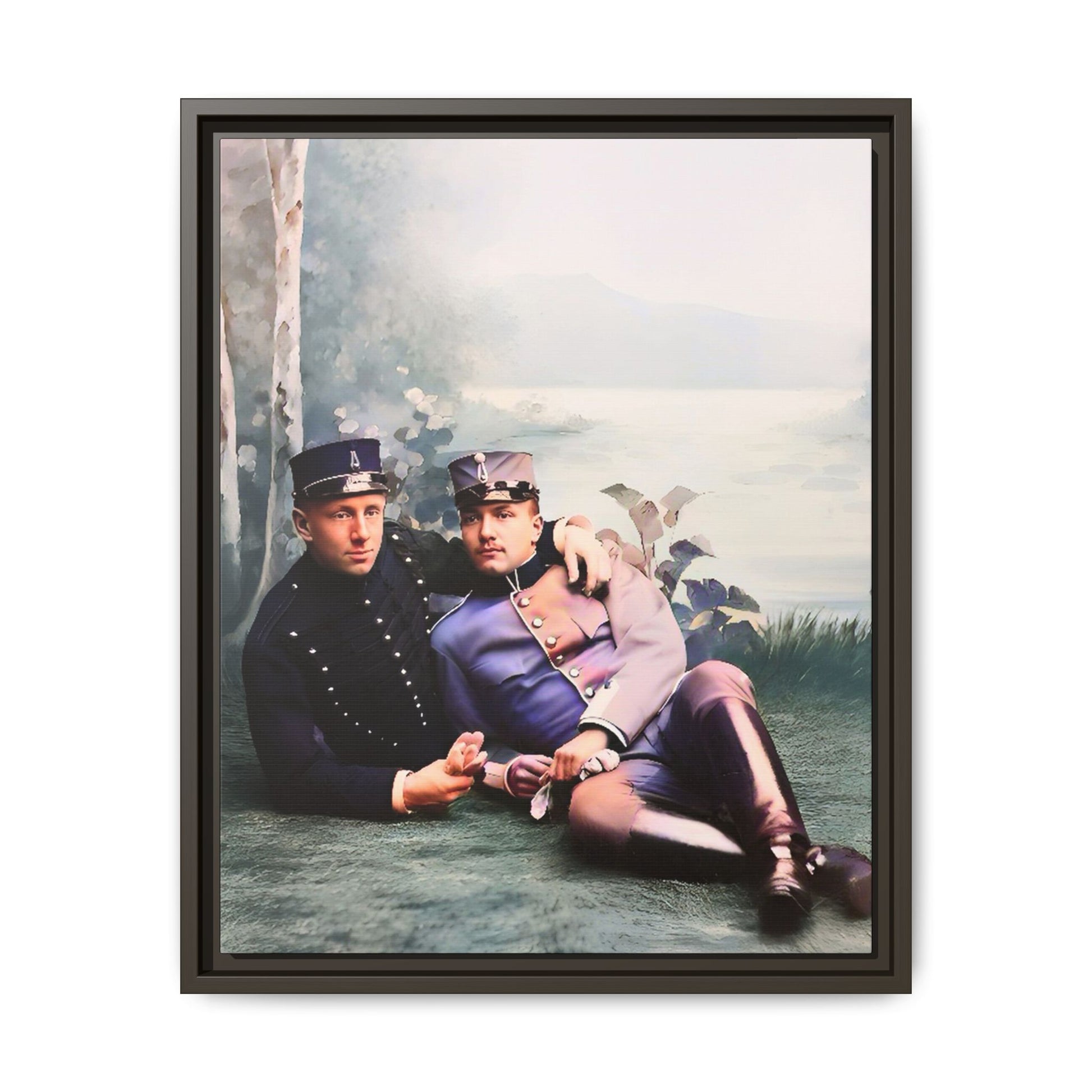 Restored early 1900s photo of Karl and Mats in Swedish military uniforms, reclining by a lakeside, celebrating LGBTQ+ love and history, framed as wall art. Gay Couple Vintage foto homosexuella par