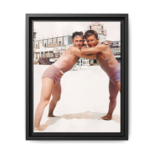 A vintage LGBTQ+ beach photo of Kenneth and Herman in Atlantic City, celebrating summer love and nostalgia. This restored and colorized canvas print captures the joy of seaside romance, making it a perfect addition to any vintage decor collection.