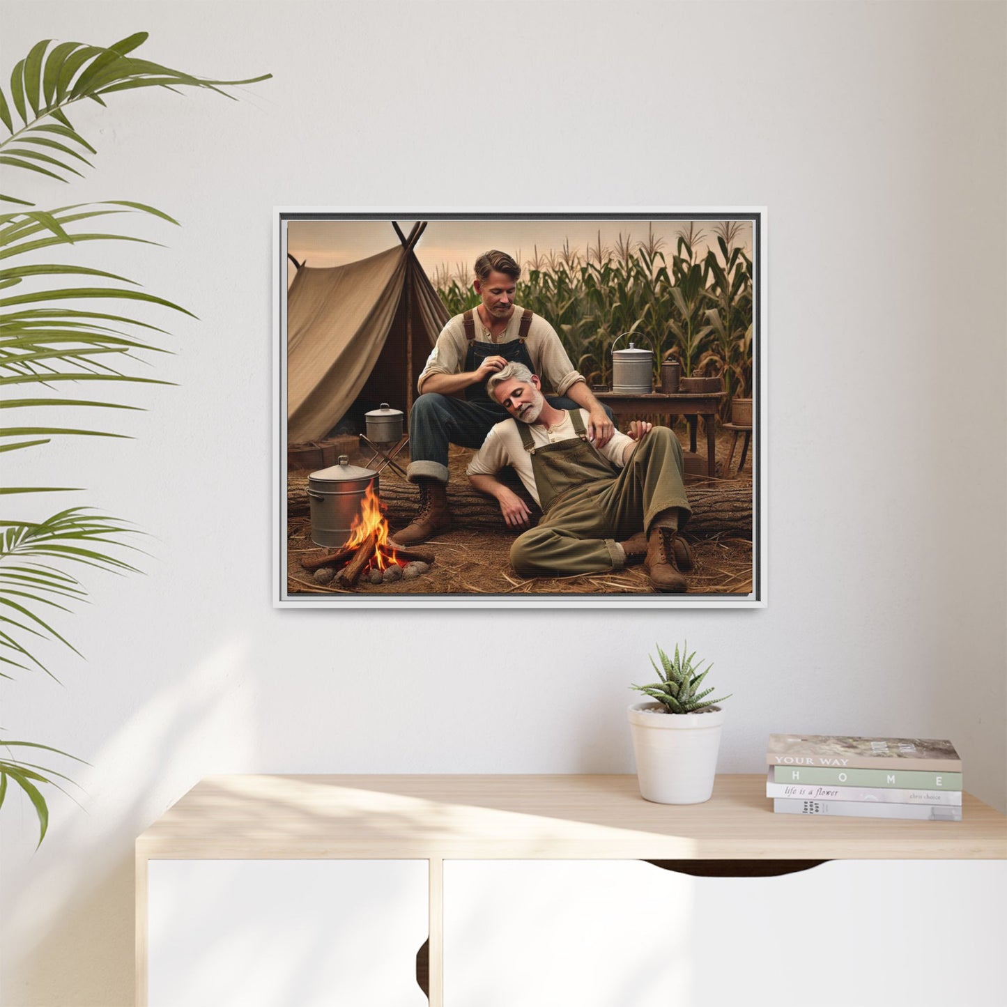 Older queer couple sharing a tender moment by the campfire, celebrating love