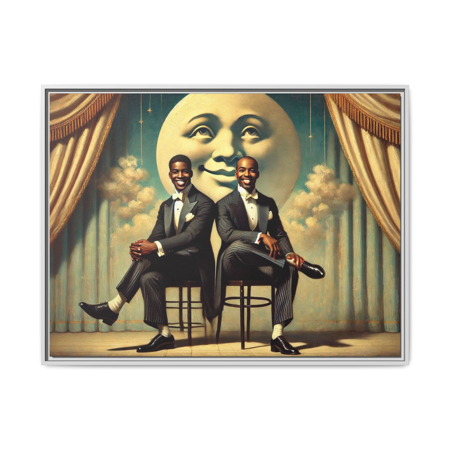 Framed vintage-style portrait of two Black men in tuxedos seated under a smiling crescent moon prop with golden curtains and cloud backdrop. This restored matte canvas honors lost LGBTQ history and reclaims early 20th-century queer representation with pride.