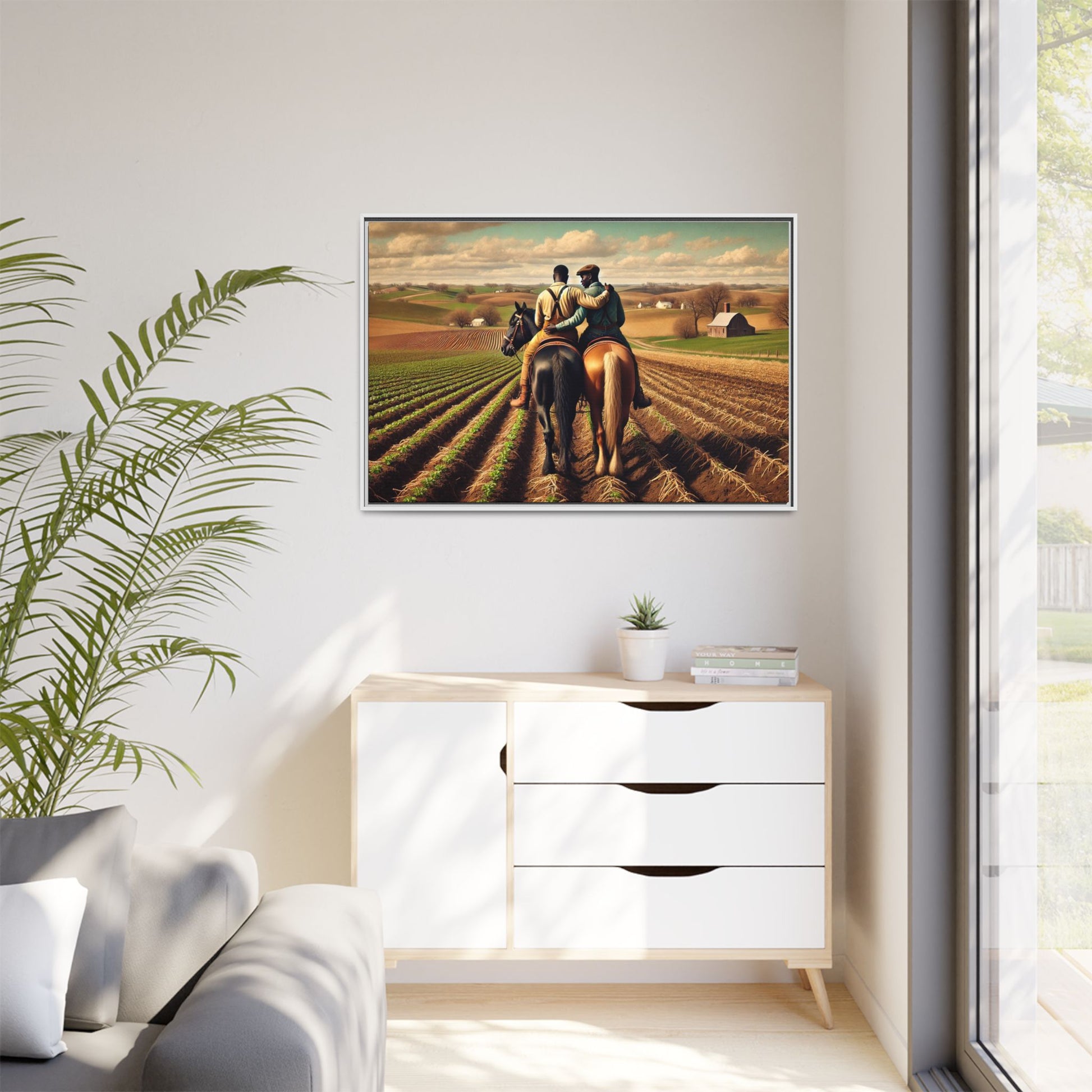 Artwork of an African-American gay couple riding horseback through expansive farmland, sharing a tender moment as they overlook lush fields. Dressed in rugged vintage attire, this scene captures resilience, love, and the charm of rural life, celebrating LGBTQ+ history and African-American heritage.