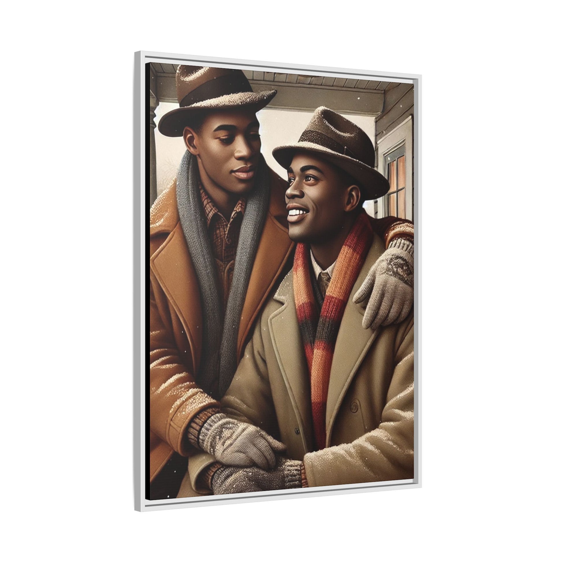 Artwork of an African-American gay couple sharing a cozy winter moment on a porch. Dressed in vintage winter attire with fedoras, scarves, and warm coats, they exchange affectionate gazes amidst softly falling snow, capturing love, warmth, and intimacy in a nostalgic winter setting.