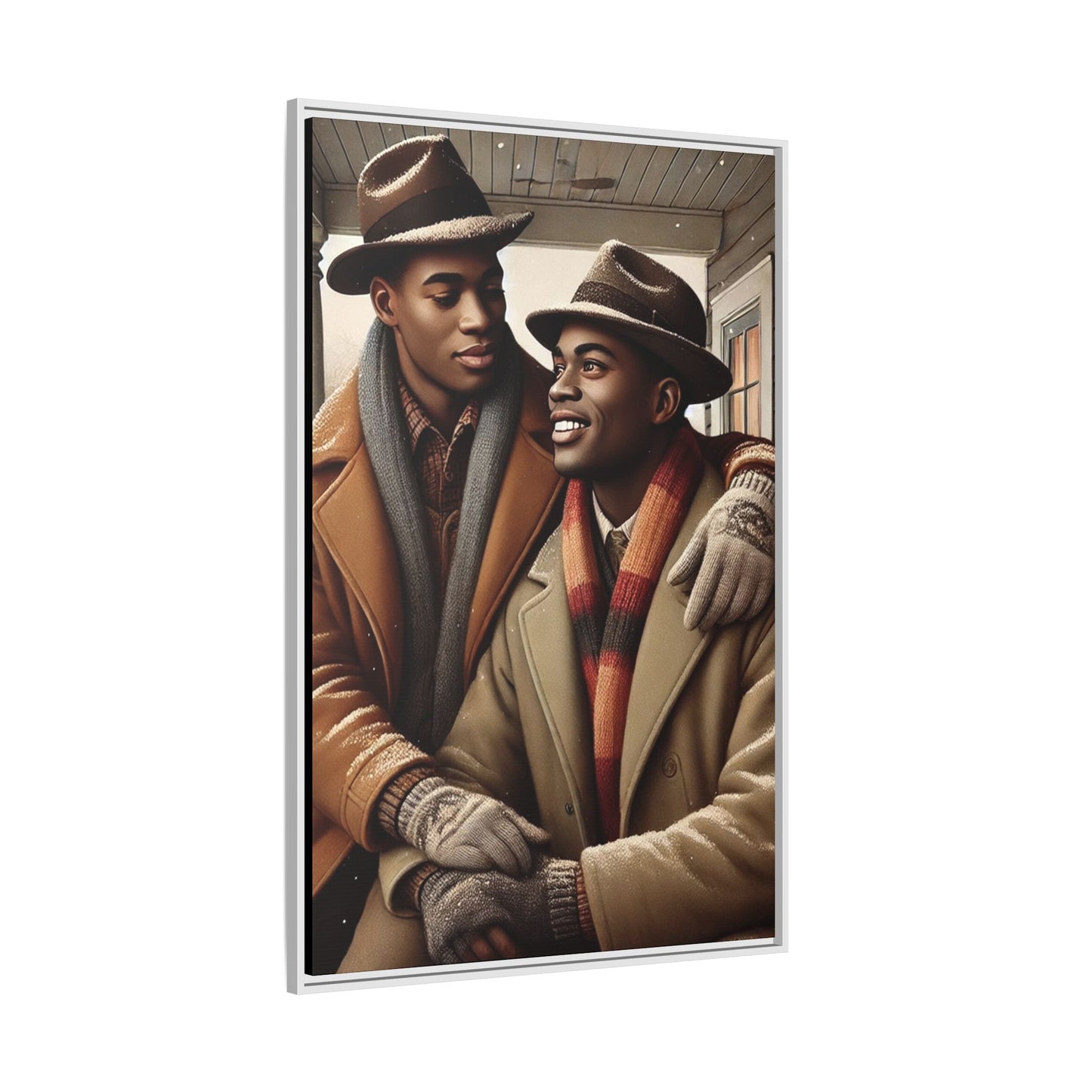 Artwork of an African-American gay couple sharing a cozy winter moment on a porch. Dressed in vintage winter attire with fedoras, scarves, and warm coats, they exchange affectionate gazes amidst softly falling snow, capturing love, warmth, and intimacy in a nostalgic winter setting.