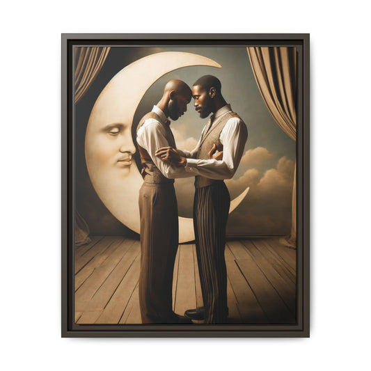Two Black men in vintage 1920s clothing stand forehead to forehead, embraced beneath a glowing crescent moon. A theatrical scene honoring queer love, memory, and history, reclaiming moments that were never captured due to cultural bias.