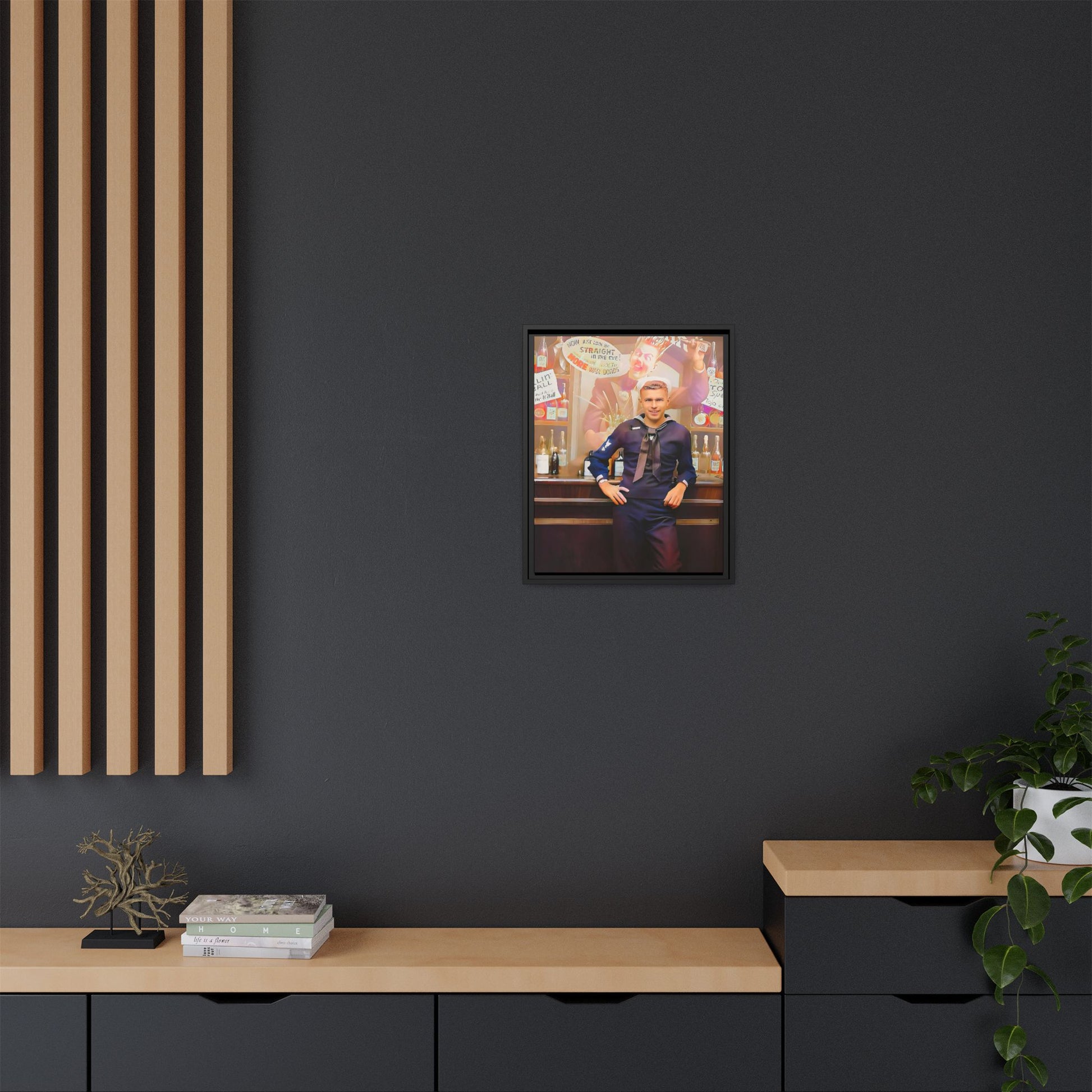 A restored WWII-era portrait of Charles at Brooklyn Navy Yard, New York. This framed matte canvas print captures the resilience and camaraderie of wartime sailors, featuring vintage war bond advertisements and classic Navy charm.