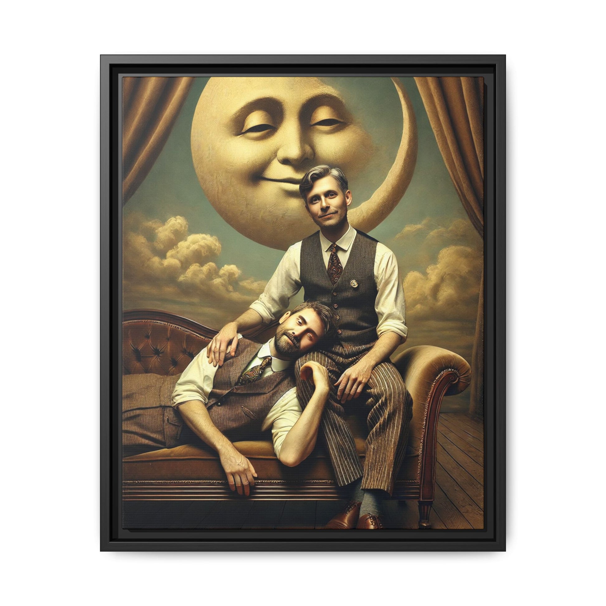 Vintage-style artwork of two men in 1920s clothing sitting close, one resting his head on the other’s lap beneath a smiling moon. Surrounded by theatrical curtains and clouds, this original piece honors lost queer love and challenges historical erasure with tenderness and pride.