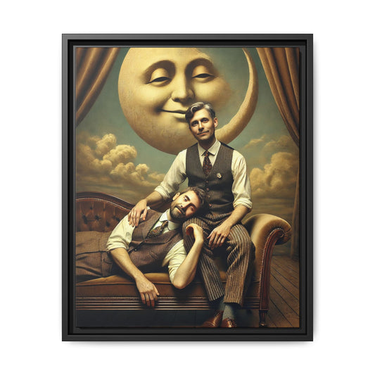 Vintage-style artwork of two men in 1920s clothing sitting close, one resting his head on the other’s lap beneath a smiling moon. Surrounded by theatrical curtains and clouds, this original piece honors lost queer love and challenges historical erasure with tenderness and pride.