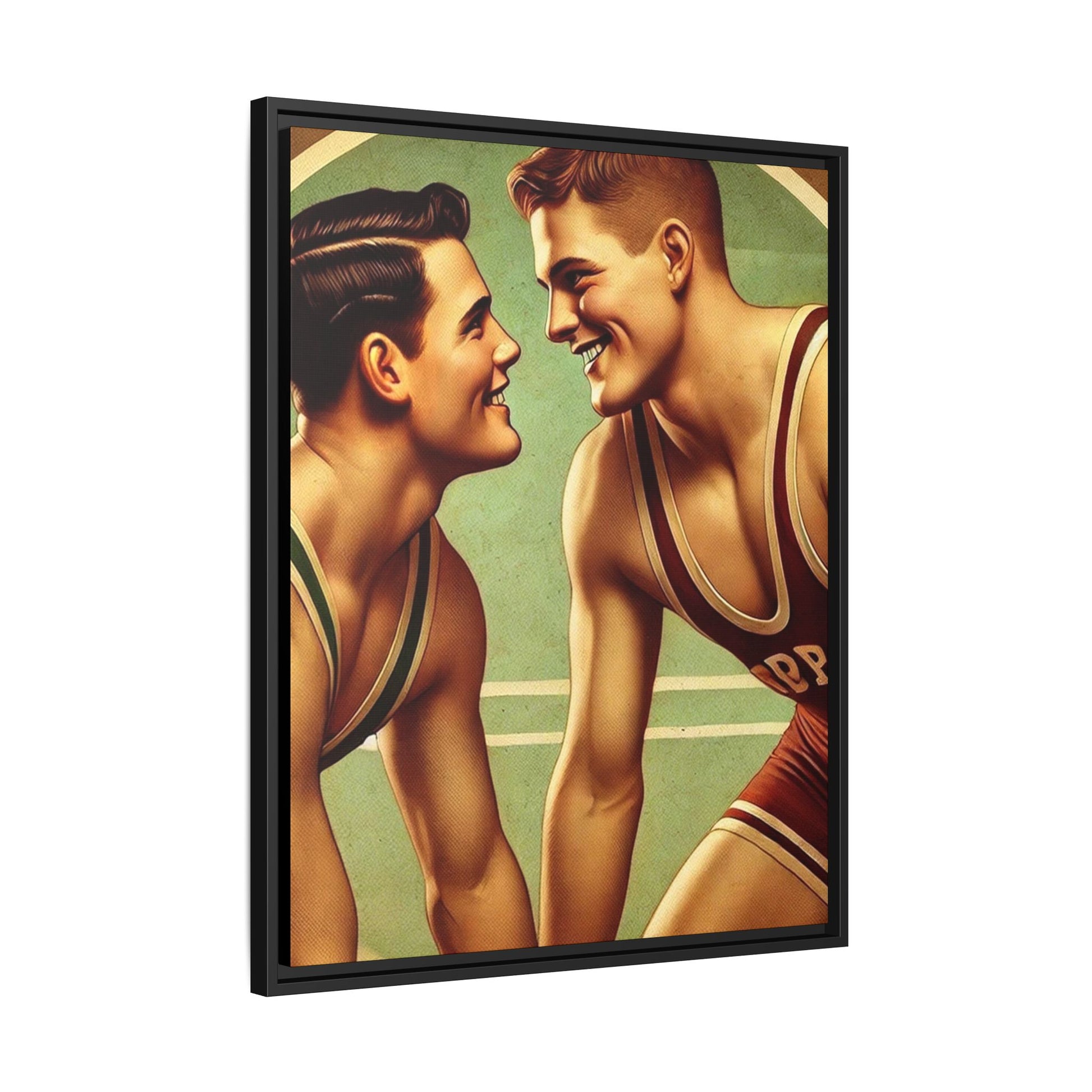 Framed artwork of two young wrestlers in vintage singlets on a stylized mat, inspired by Grant Wood's nostalgic Americana style.