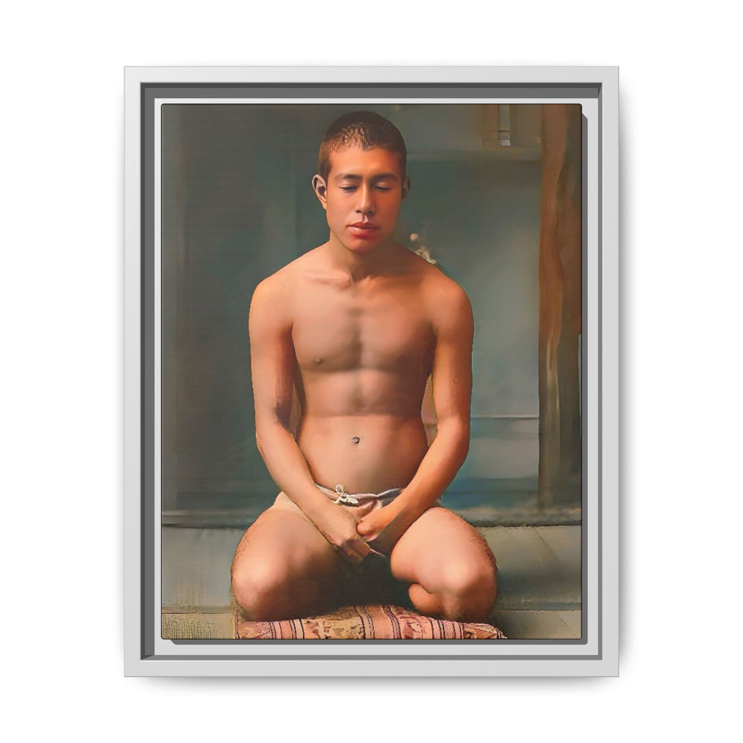 A restored vintage portrait of Minato in Nara, Japan. This framed matte canvas captures mindfulness, serenity, and cultural heritage.