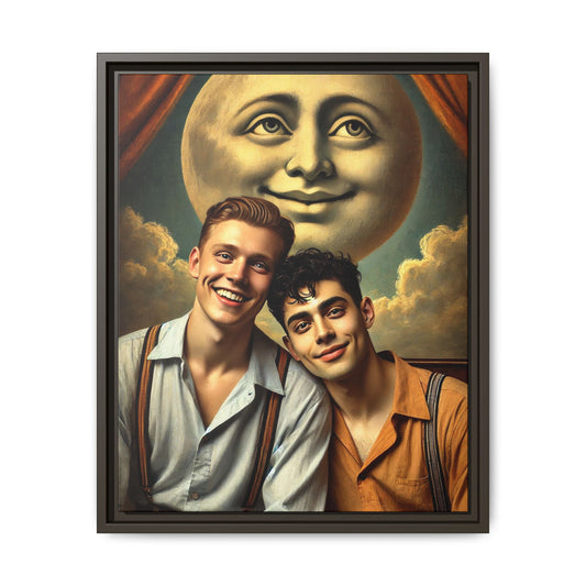 Framed artwork featuring a joyful queer couple in 1930s attire, seated close together beneath a smiling full moon in a theatrical studio setting. A celebration of reclaimed LGBTQ+ narratives in nostalgic portraiture.