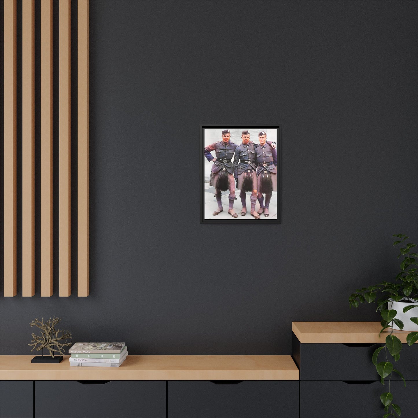 A restored vintage portrait of Gordon Highlanders in Glasgow, Scotland. This framed matte canvas honors Scottish military history, tradition, and unity.