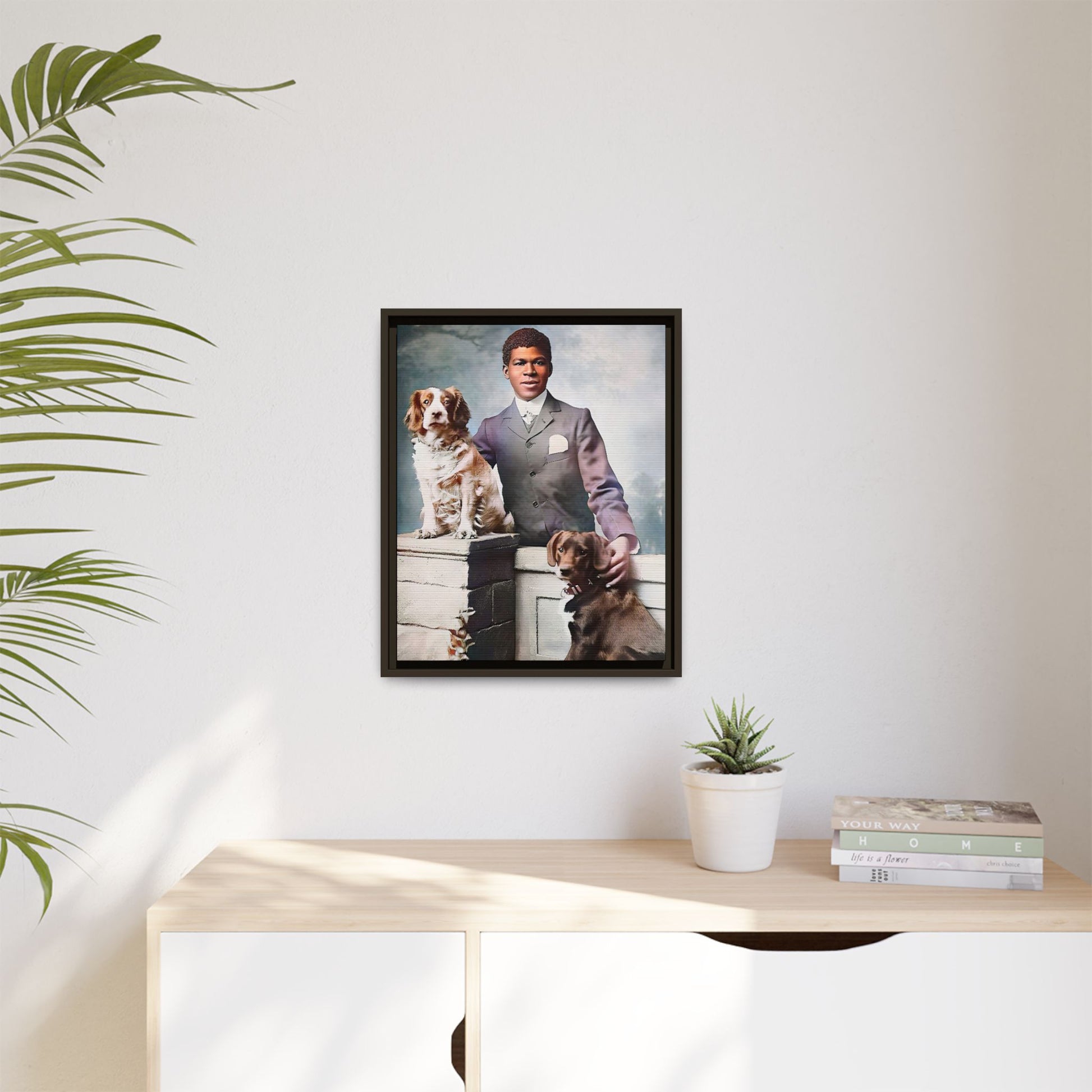 A restored vintage portrait of Marcus with his dogs, Buster and Ellis, in Charlotte, North Carolina. This framed matte canvas print captures the elegance of Southern charm and the enduring bond between a man and his loyal companions. Vintage Dog Portrait