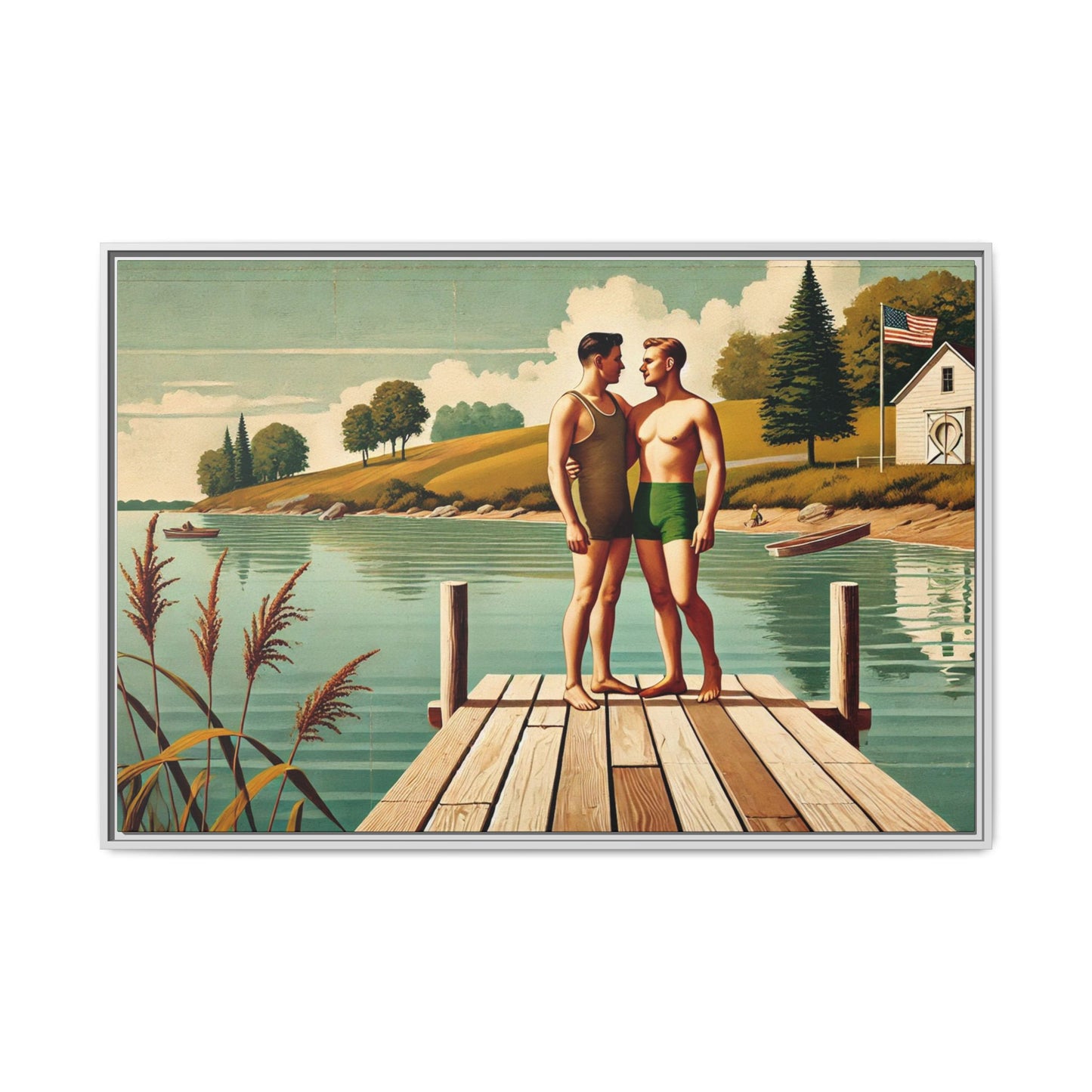 Framed artwork of a gay couple sharing a tender moment on a wooden dock by a peaceful lake, dressed in vintage swimwear. Set against rolling hills and a lakeside cabin, this nostalgic scene honors LGBTQ+ love in a serene Midwestern summer setting.