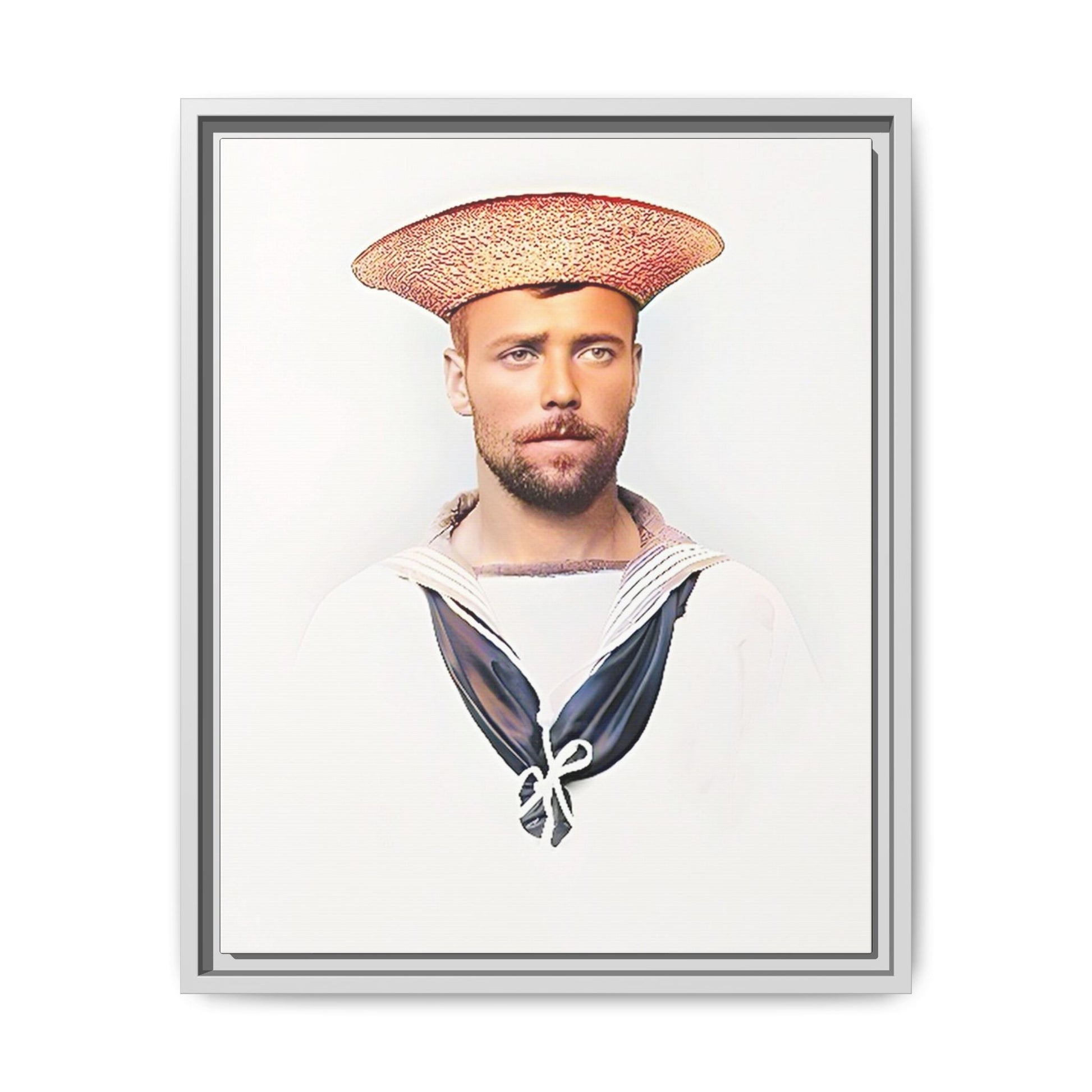 A restored vintage portrait of Elijah, a British sailor in Weihaiwei, China. This framed matte canvas honors naval history, tradition, and duty.