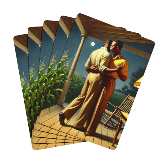 Vintage-style poker cards featuring two Black men dancing on a rural porch under moonlight, symbolizing Queer love and resilience. Black Love