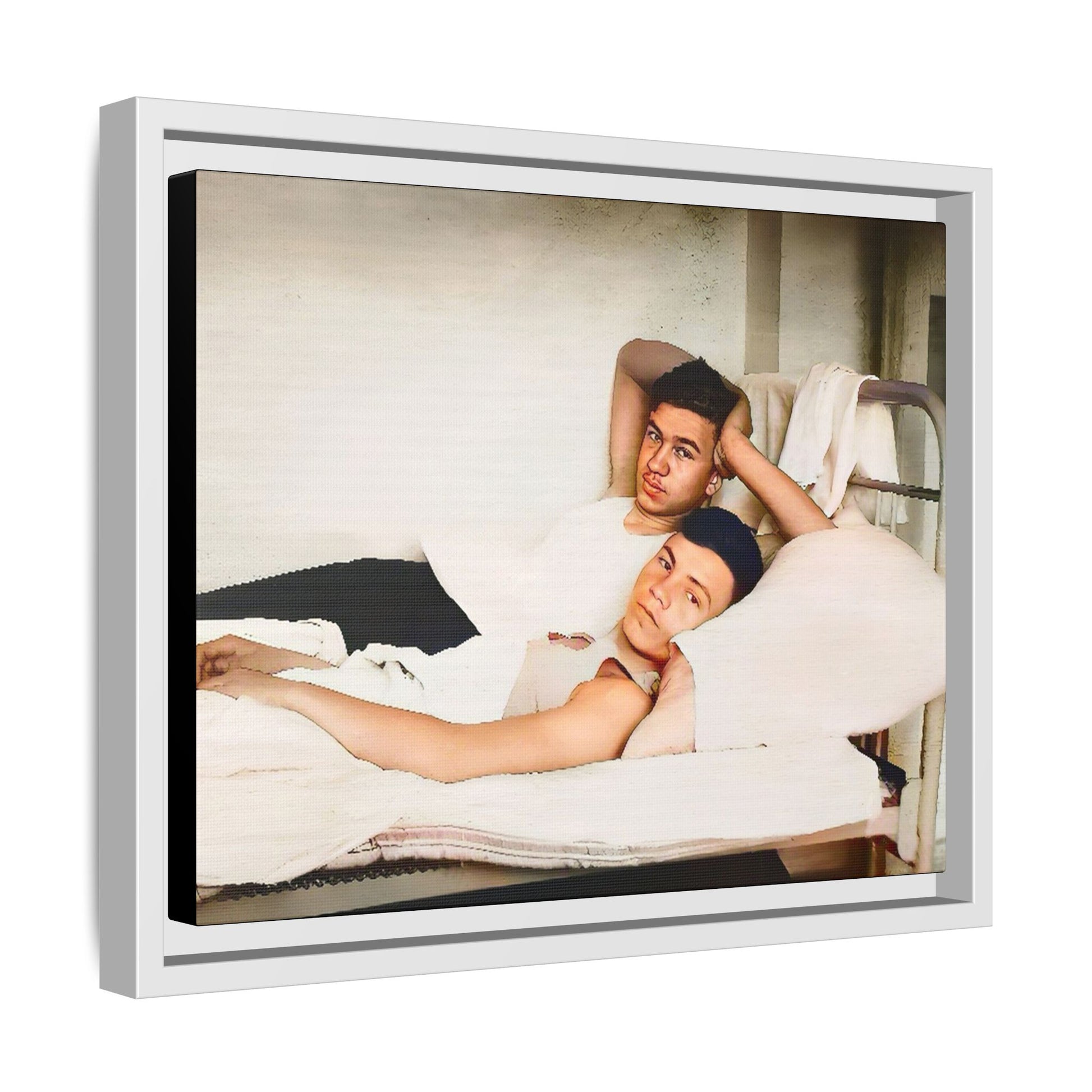 A vintage Gay couple portrait of Vernon & Jesse in Portland, Maine. This framed canvas print captures an intimate and heartfelt moment, making it a timeless addition to any home decor or a meaningful gift celebrating love and history.