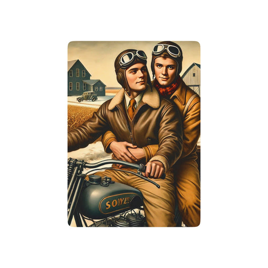 Grant Wood Tribute Poker Cards featuring two aviator-clad men on a vintage motorcycle, symbolizing hidden queer love in Americana