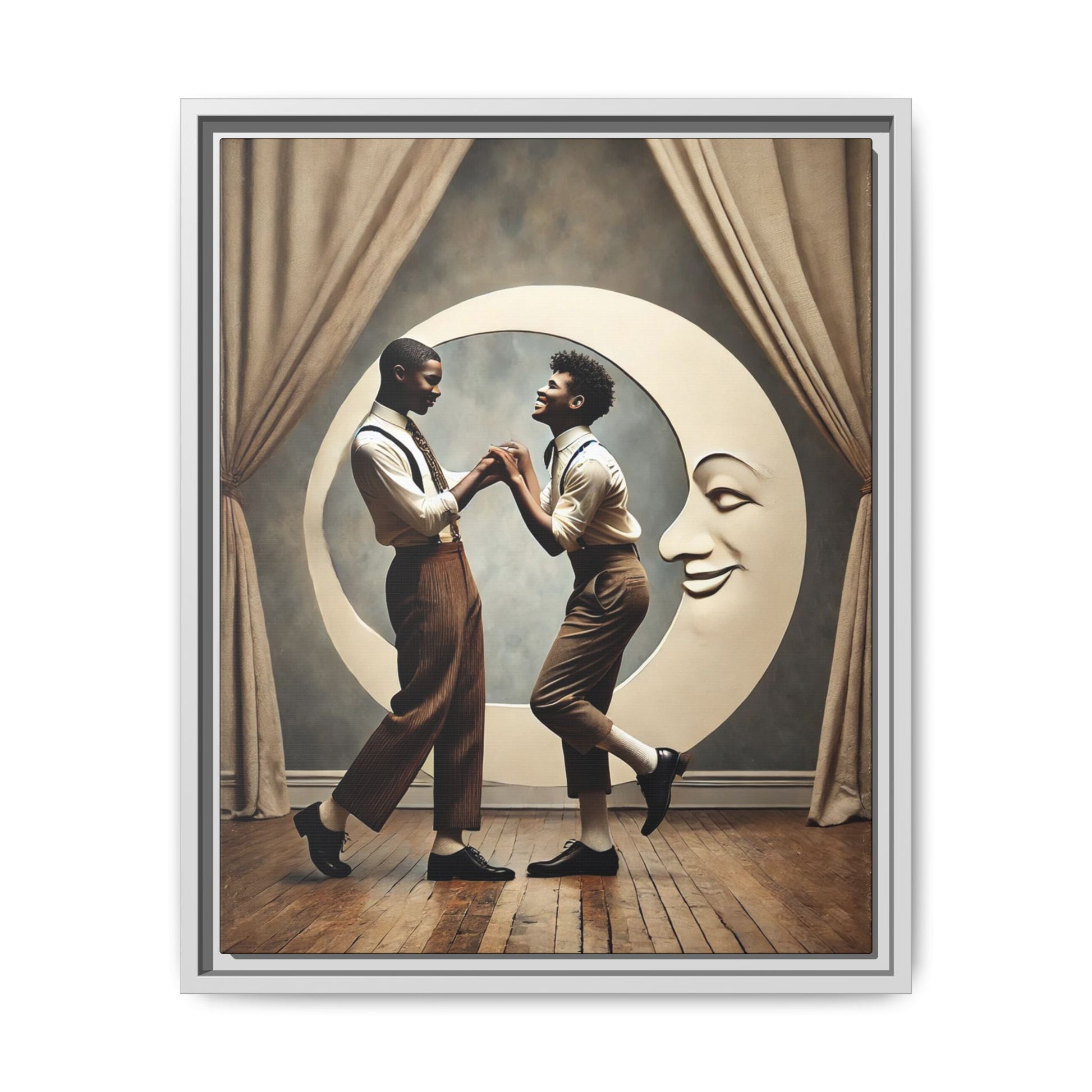 Two joyful young Black men dressed in 1920s fashion dancing in front of a crescent moon prop with a smiling face. This artwork reclaims erased queer love, offering a whimsical and powerful celebration of Black LGBTQ+ youth and history.