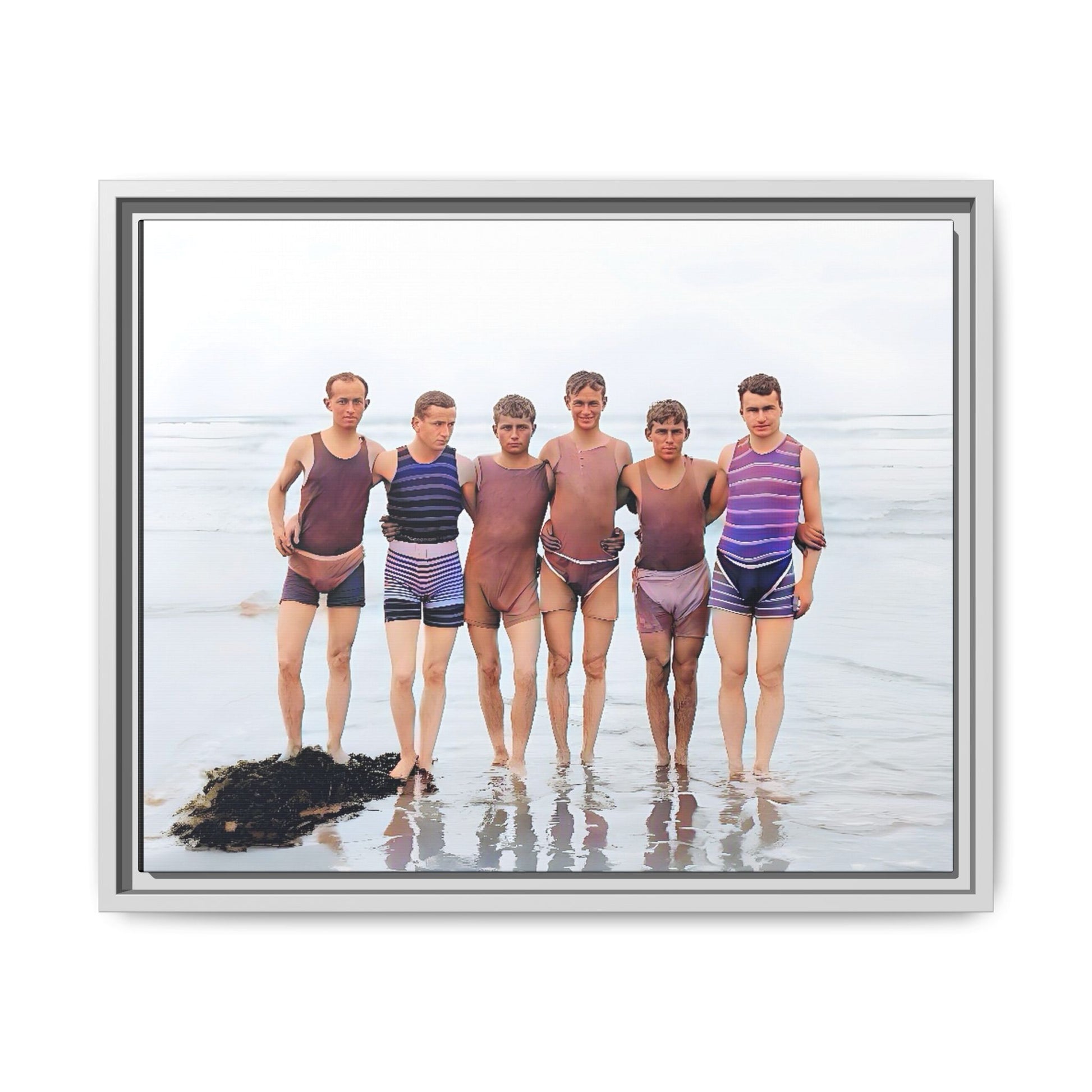A framed vintage beach portrait on matte canvas featuring a joyful group at Herring Cove Beach, Provincetown, capturing timeless summer camaraderie.