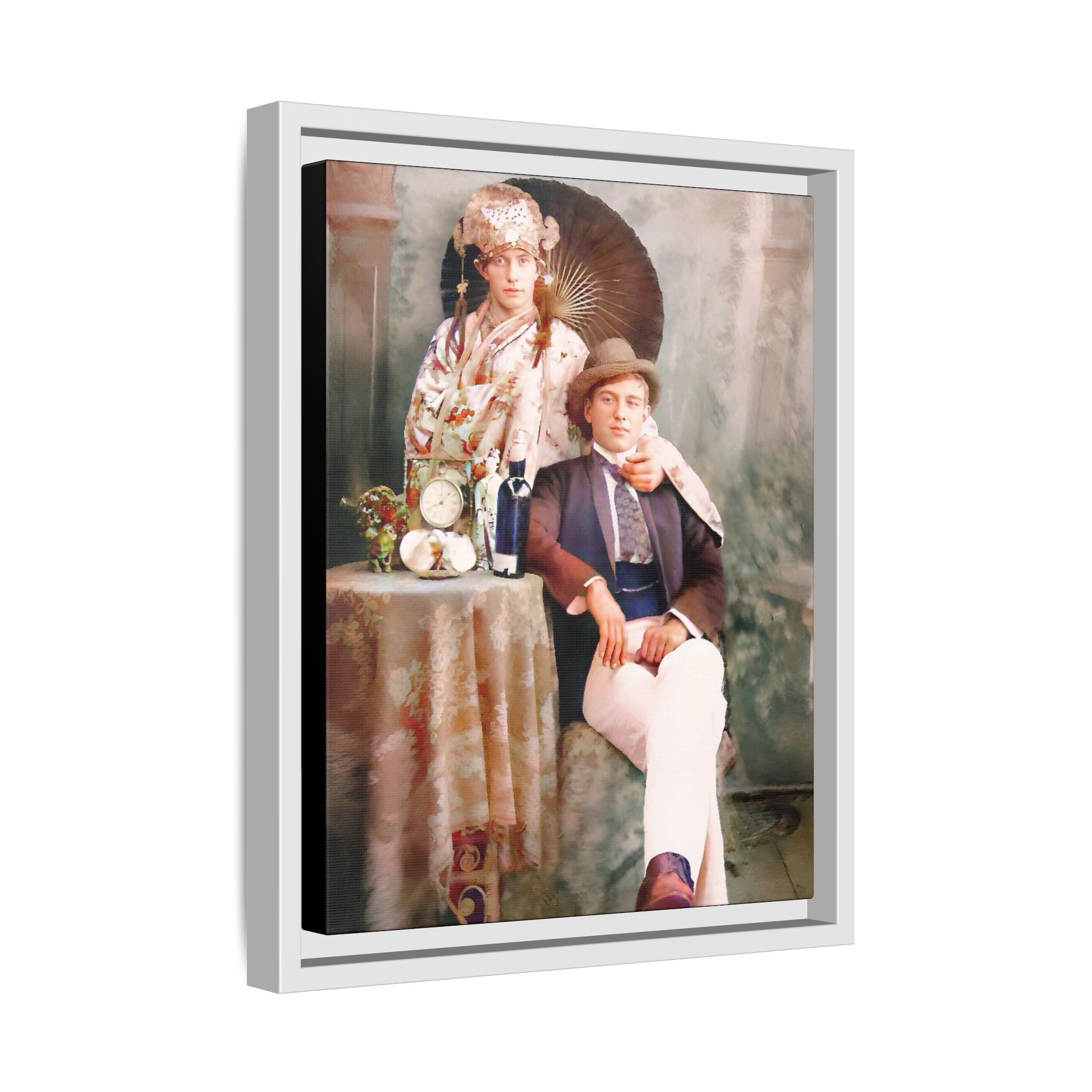 Restored early 1900s vintage photo from Mystic Memphi Carnival in Memphis, Tennessee, featuring elegance and creativity. Framed matte canvas art celebrating individuality and historical charm.  Gay Couple