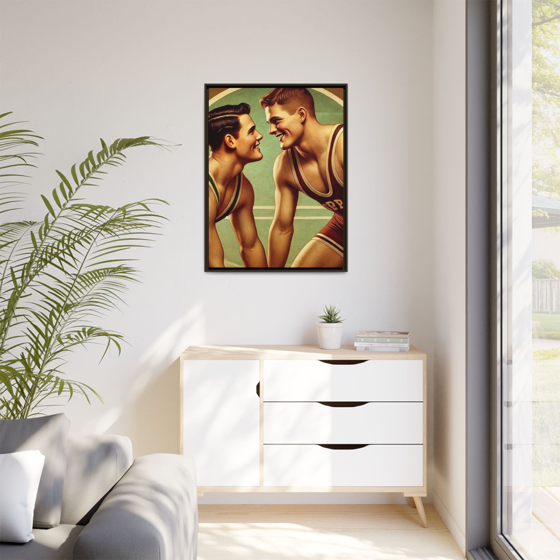 Framed artwork of two young wrestlers in vintage singlets on a stylized mat, inspired by Grant Wood's nostalgic Americana style.