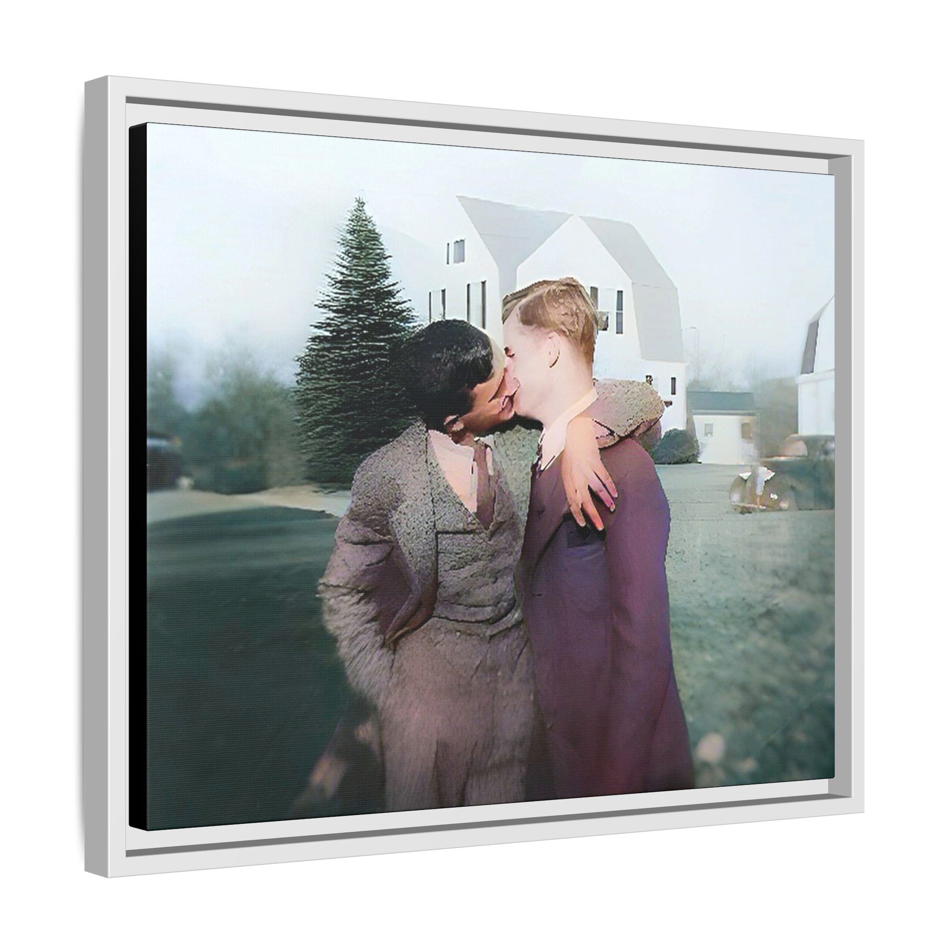 A vintage LGBTQ+ portrait of Milton & Shawn in Londonderry, NH. This framed matte canvas captures a timeless moment of love and resilience, making it a perfect piece for collectors, history enthusiasts, and those celebrating love in all forms. Gay Couple Art