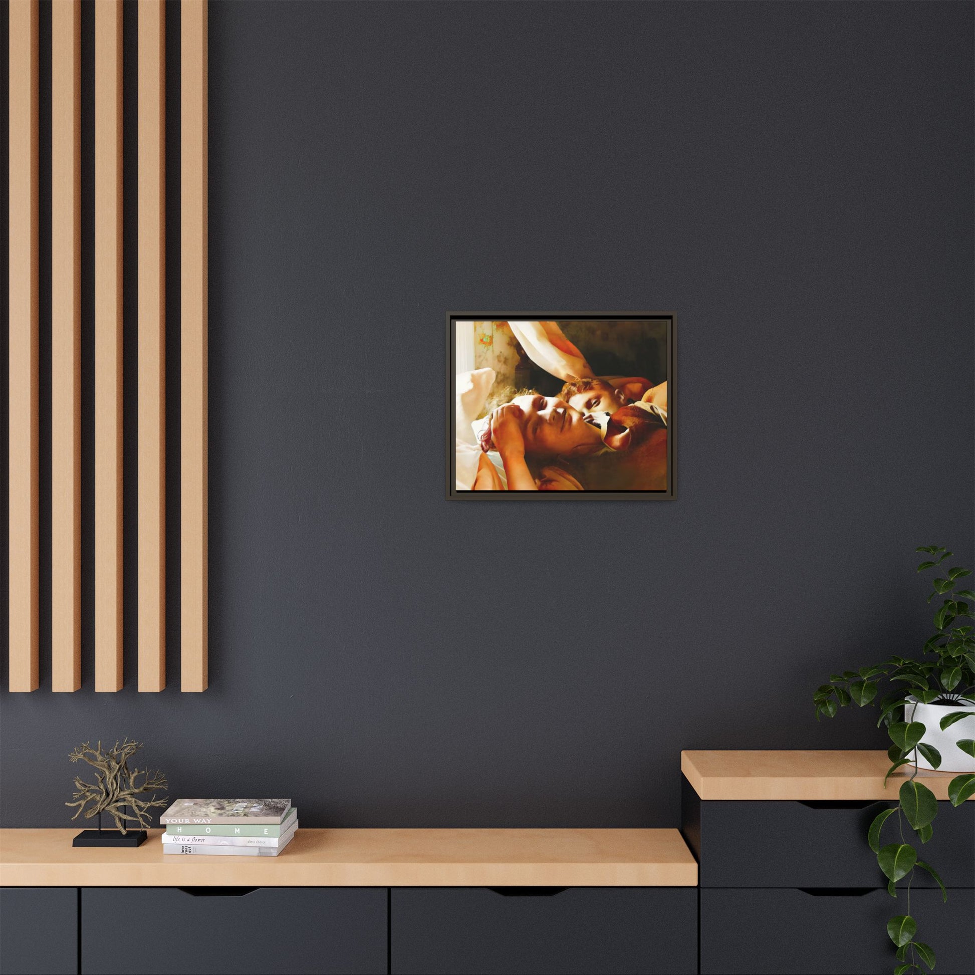A heartwarming vintage portrait of Edwin and Floyd in Burlington, Vermont. This framed canvas print captures a quiet moment of LGBTQ+ love and intimacy, perfect for home decor, collectors, or as a sentimental gift celebrating timeless affection.