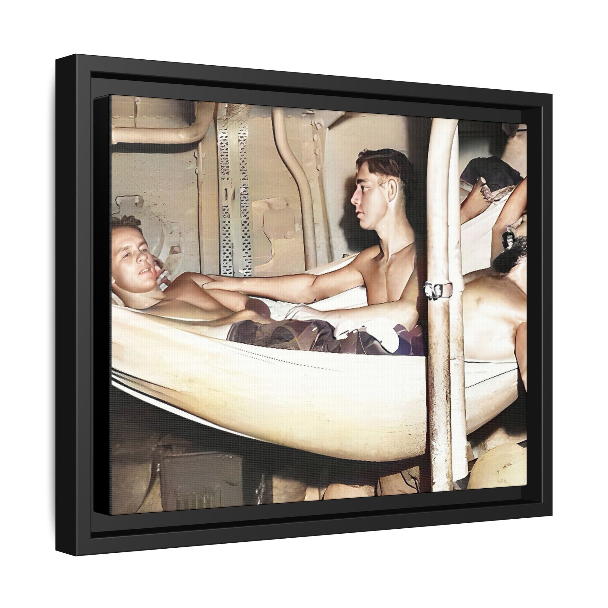 A framed vintage maritime photo on matte canvas featuring sailors aboard the Orleans, capturing life at sea and camaraderie.