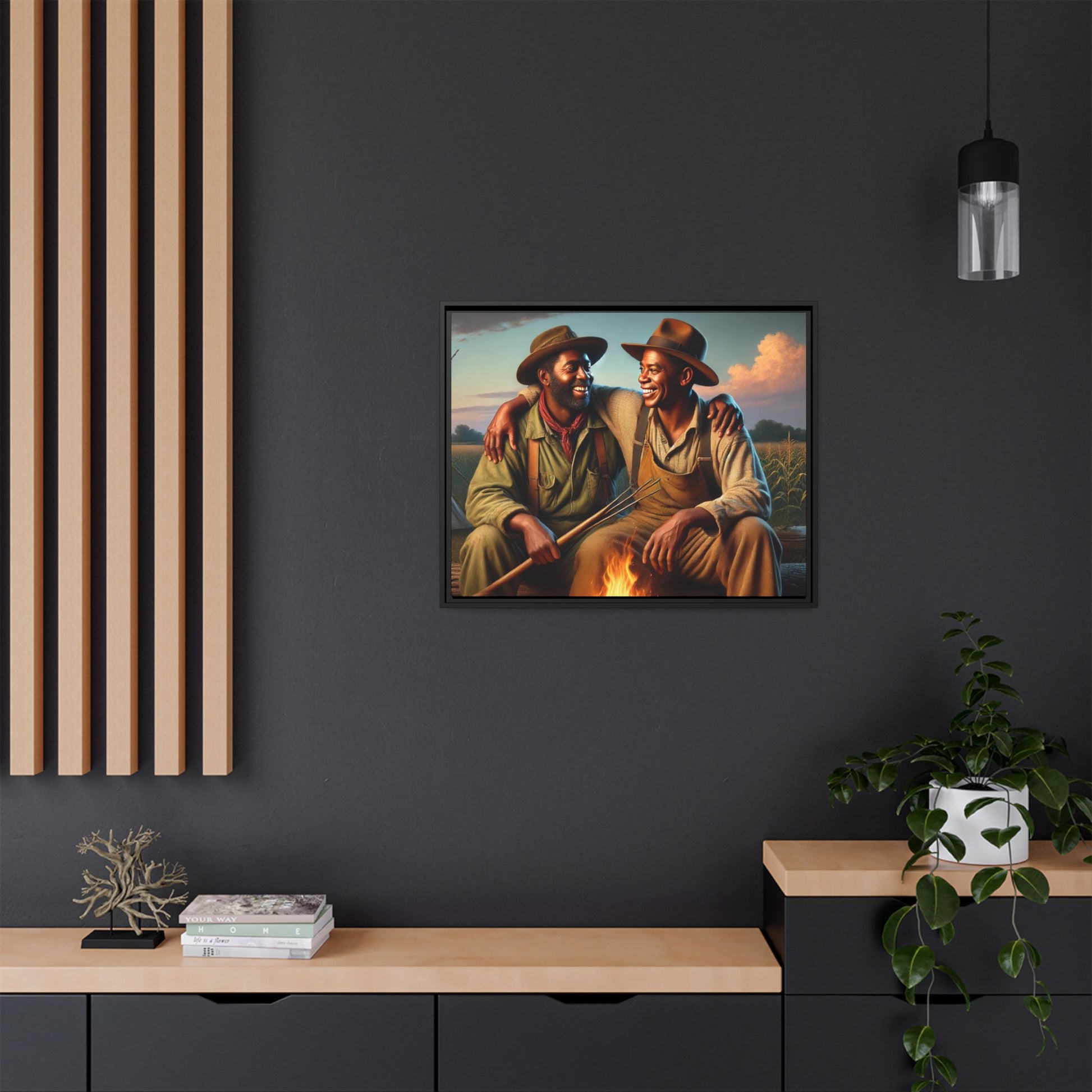 Artwork of an older African-American queer couple sharing a warm, joyful moment by a campfire in rural Iowa. Set against vast fields and an open sky, the scene captures love, resilience, and the nostalgic beauty of Americana, with firelight illuminating their laughter and companionship