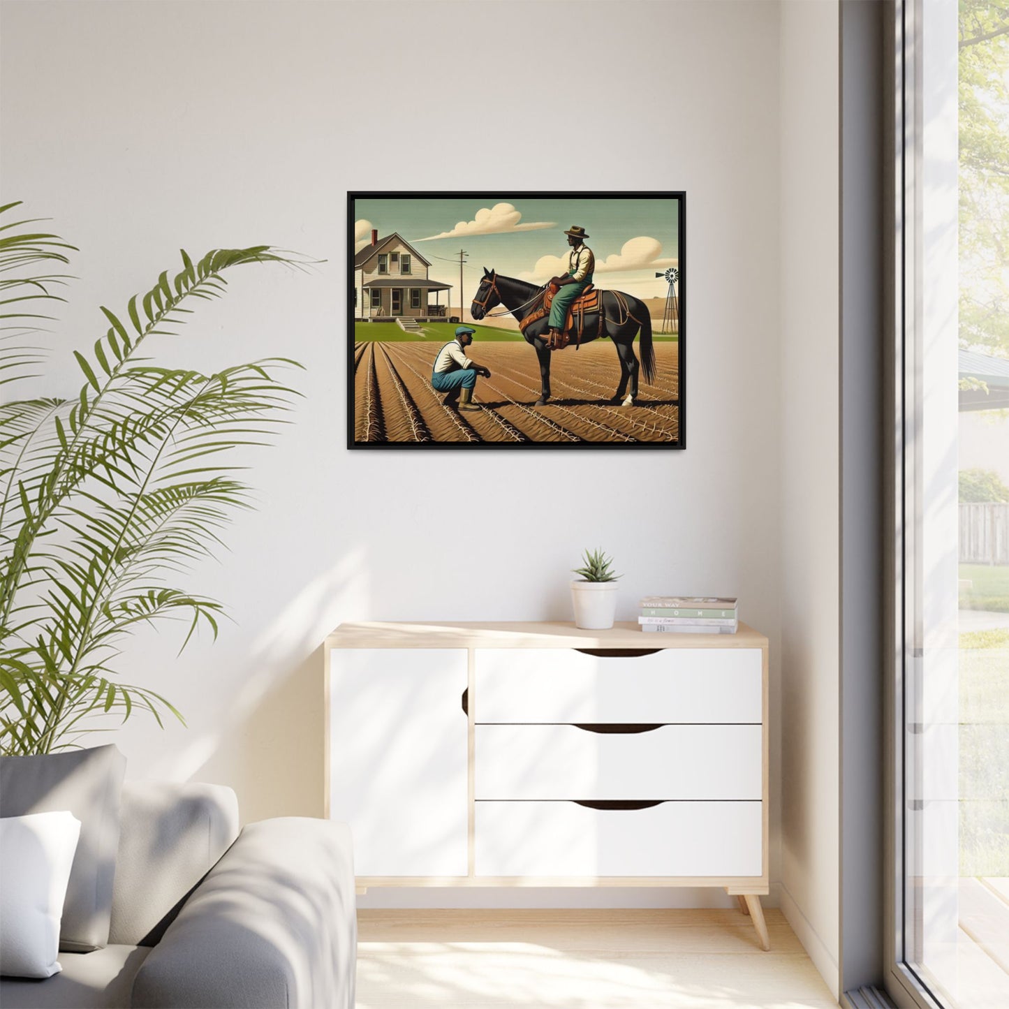 Artwork of an African American queer couple working together on a farm in a serene, vintage-inspired landscape. One man sits on horseback, gazing warmly at his partner, who examines the soil, symbolizing their partnership in both love and labor. The scene captures resilience, companionship, and the beauty of rural life.