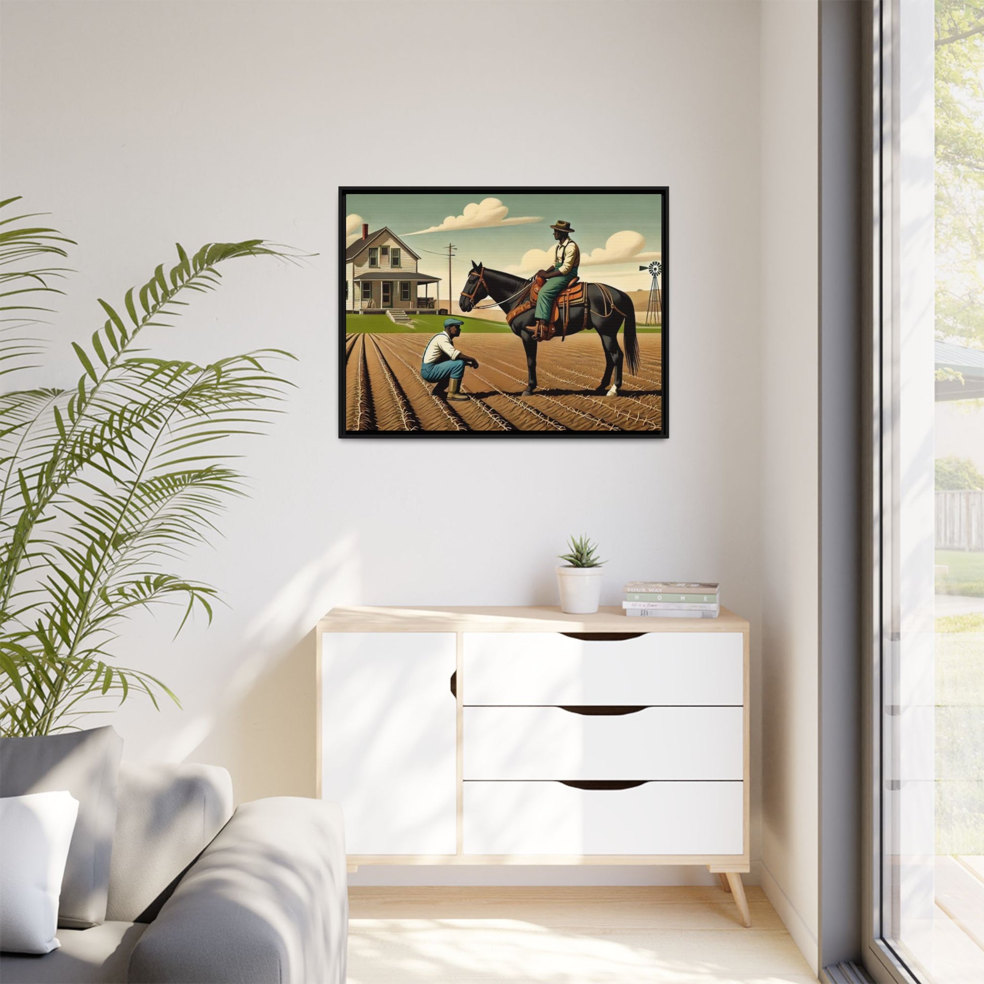Artwork of an African American queer couple working together on a farm in a serene, vintage-inspired landscape. One man sits on horseback, gazing warmly at his partner, who examines the soil, symbolizing their partnership in both love and labor. The scene captures resilience, companionship, and the beauty of rural life.