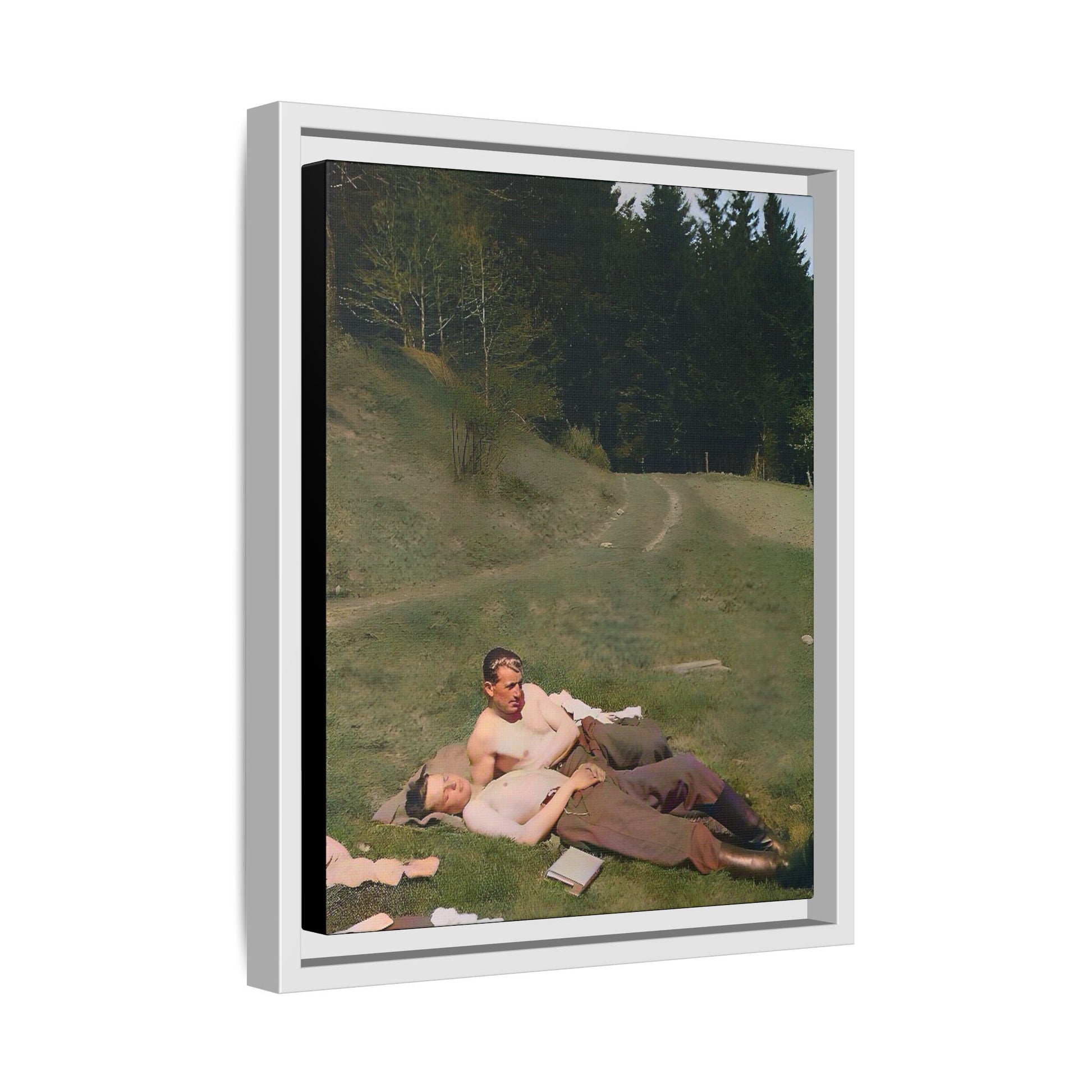 A framed vintage portrait on matte canvas featuring Anthony and Claude in the Belluno Dolomites, capturing nature, serenity, and timeless connection. Gay Couple, LGBTQ Soldiers