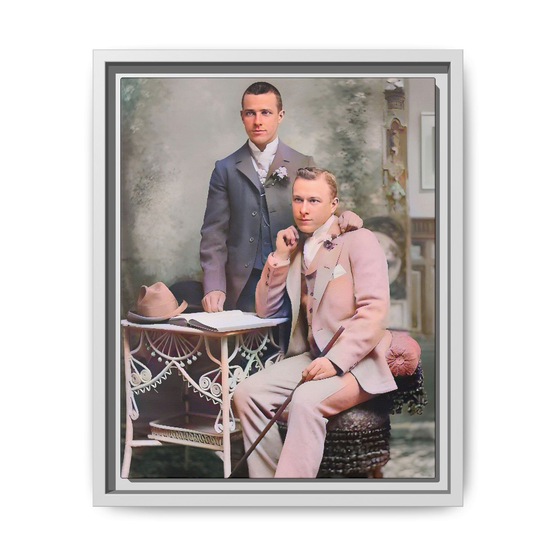 Restored early 1900s photo of Walt and Dewey in tailored suits, posed elegantly in Kansas City, celebrating LGBTQ+ love and resilience, framed as wall art. Gay Coup