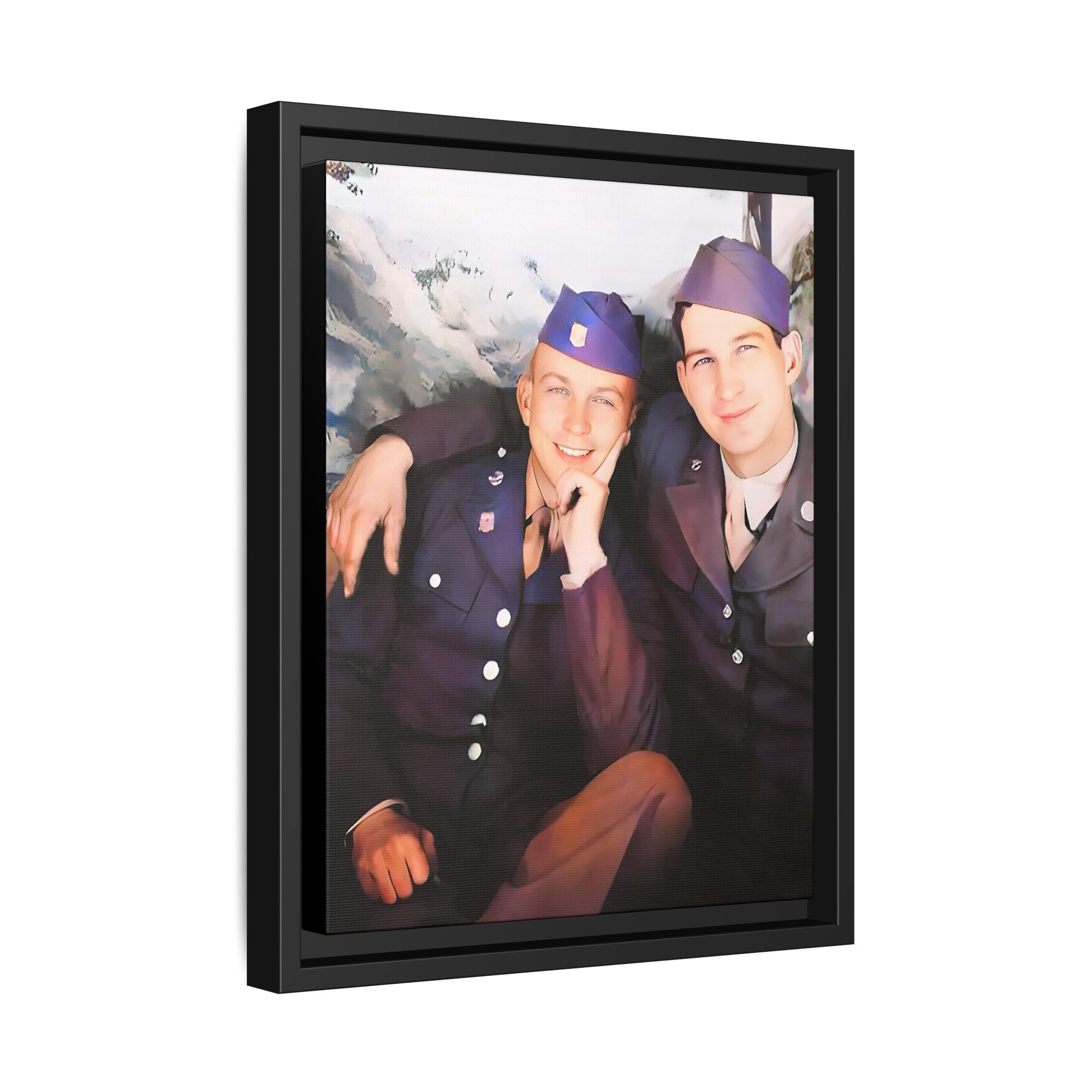 A restored vintage portrait of Willie & Louis at Metro-North Railroad in Harlem, New York. This framed matte canvas celebrates LGBTQ+ history, African American heritage, and timeless love. Gay Couple Love