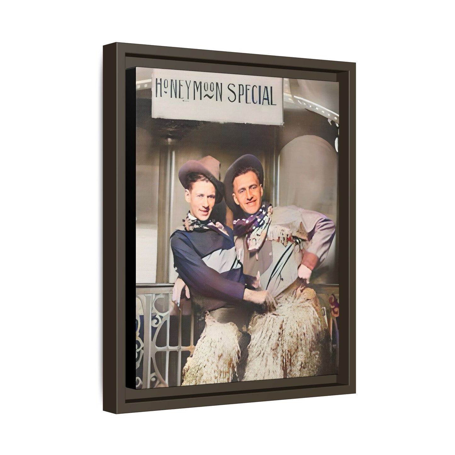 Vintage portrait of Harry & Earl in whimsical cowboy attire under the "Honeymoon Special" sign, set in 1920s San Antonio. Framed matte canvas art celebrating LGBTQ+ love and rustic Americana charm. Perfect for history enthusiasts and rustic decor lovers. Gay Marriage Wedding Gift