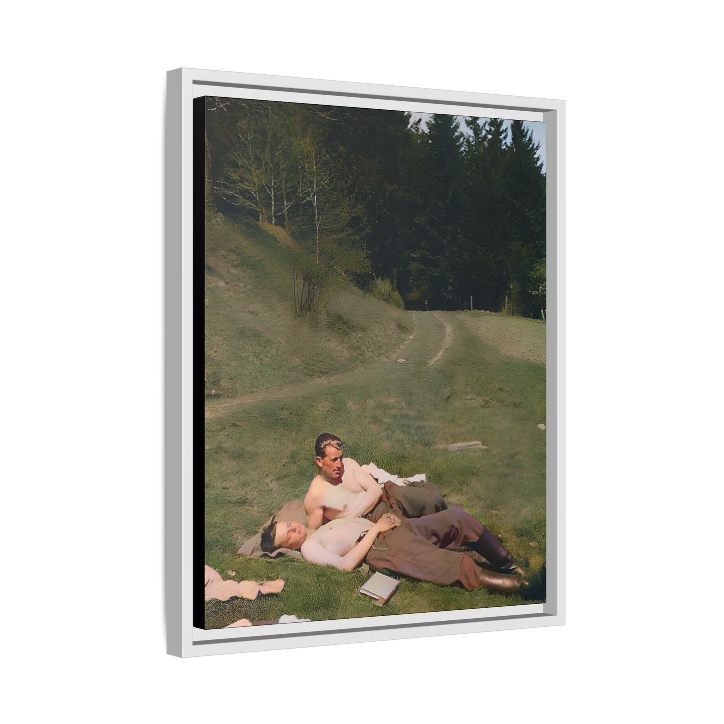 A framed vintage portrait on matte canvas featuring Anthony and Claude in the Belluno Dolomites, capturing nature, serenity, and timeless connection. Gay Couple, LGBTQ Soldiers