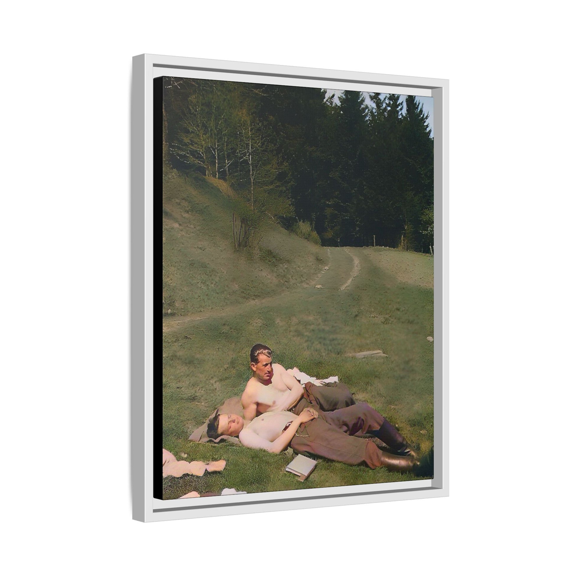 A framed vintage portrait on matte canvas featuring Anthony and Claude in the Belluno Dolomites, capturing nature, serenity, and timeless connection. Gay Couple, LGBTQ Soldiers