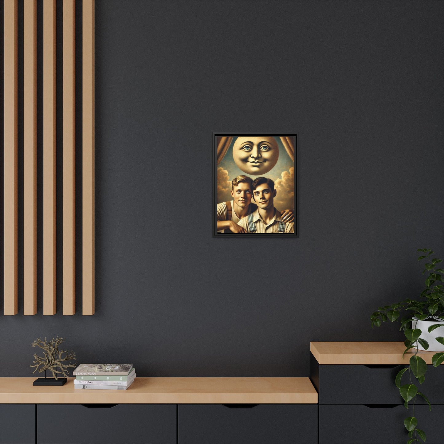 Framed matte canvas portrait featuring two young men in vintage overalls with a crescent moon prop above them. This artwork from the Missing Art Studies series reclaims LGBTQ+ imagery that may have been lost to bias, presenting warmth, intimacy, and presence.
