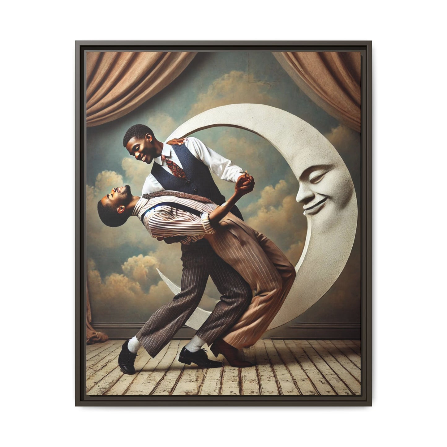 Framed artwork of two Black men in vintage suits dancing tenderly beneath a crescent moon with a smiling face. A romantic 1920s-inspired scene with velvet curtains and a painted sky backdrop. Part of a collection reclaiming lost queer Black history and art.