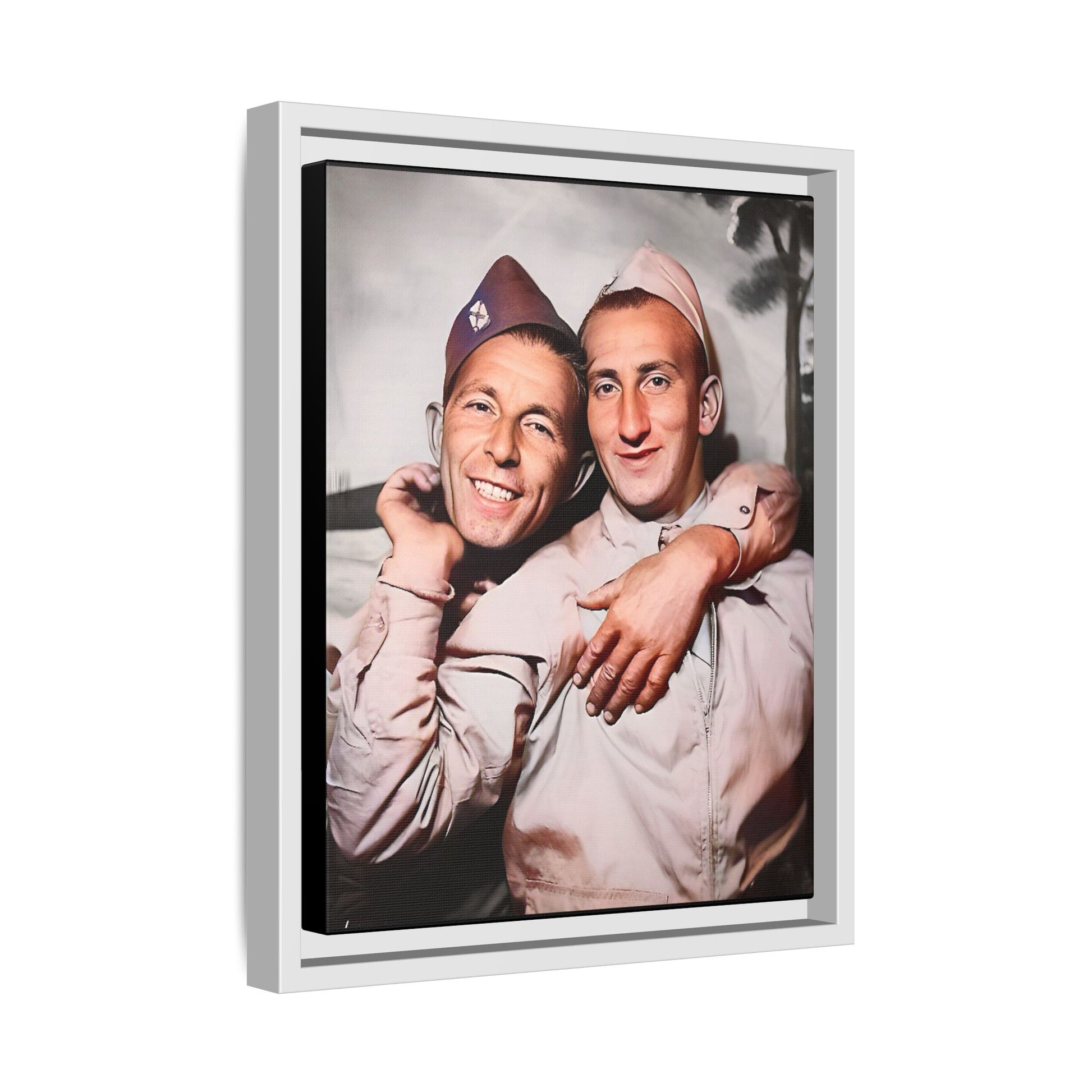 A framed vintage photo on matte canvas featuring a heartfelt portrait of a military couple at Fort Jackson, South Carolina, celebrating love and resilience in history.