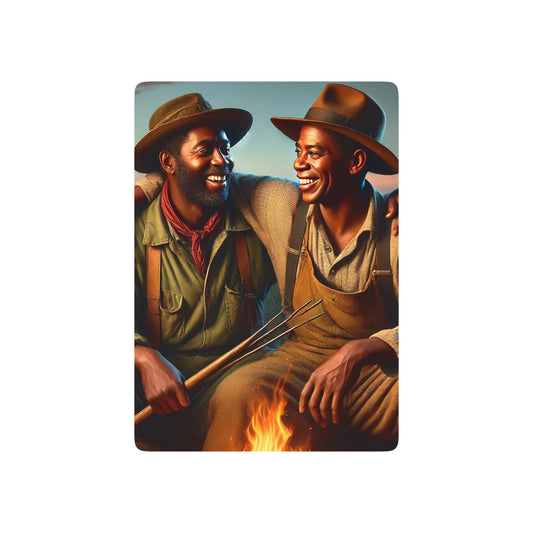 Missing Grant Series Poker Cards featuring two African American men by a campfire, celebrating Black queer love. Black Love Two Dads Fathers Day