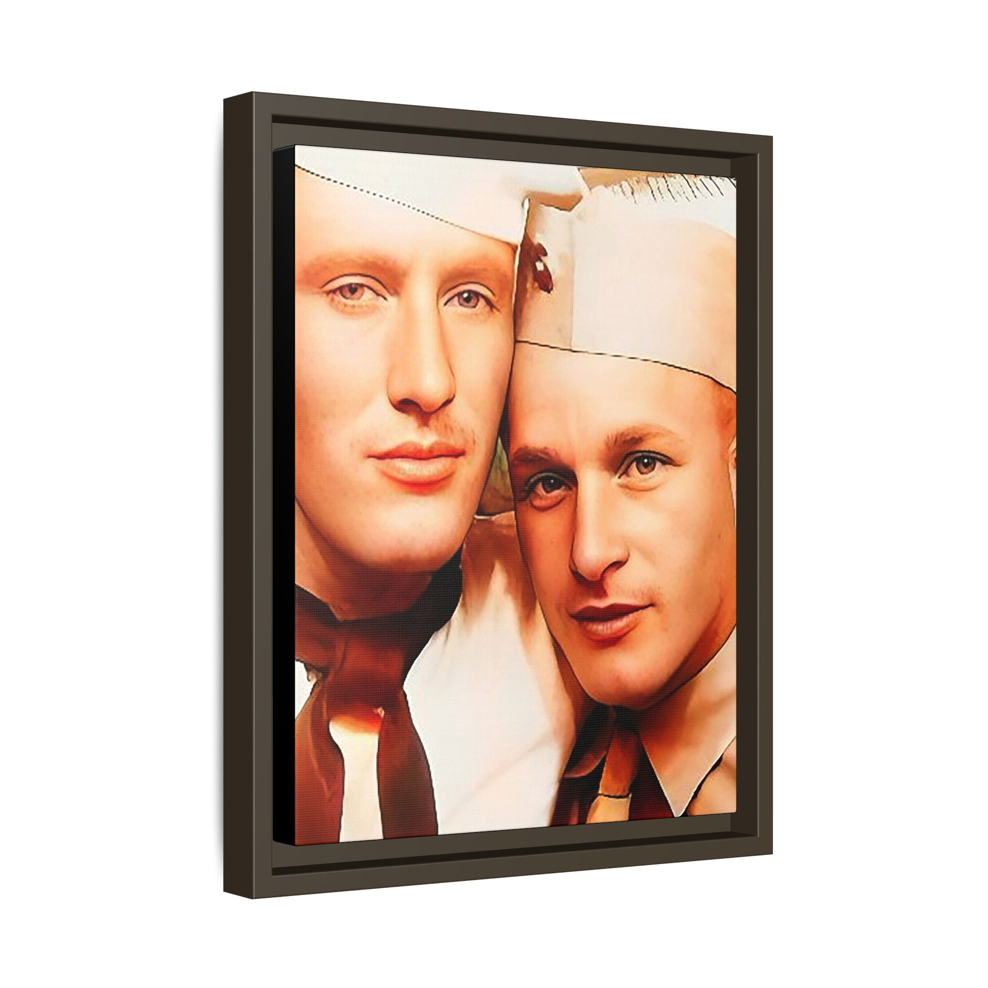 Vintage Gay photo booth portrait of Glenn & Sidney in Nantucket, MA. A heartwarming tribute to queer history, captured in a candid embrace. Available as a matte canvas print, perfect for celebrating love, identity, and nostalgia. Military Portrait