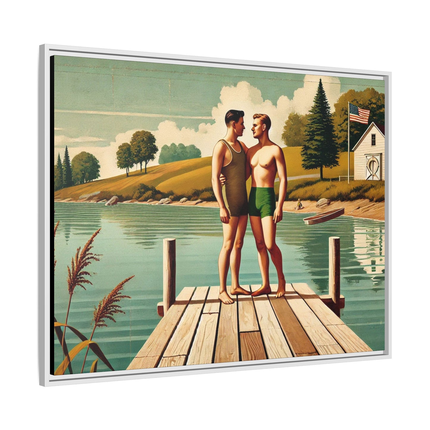 Framed artwork of a gay couple sharing a tender moment on a wooden dock by a peaceful lake, dressed in vintage swimwear. Set against rolling hills and a lakeside cabin, this nostalgic scene honors LGBTQ+ love in a serene Midwestern summer setting.