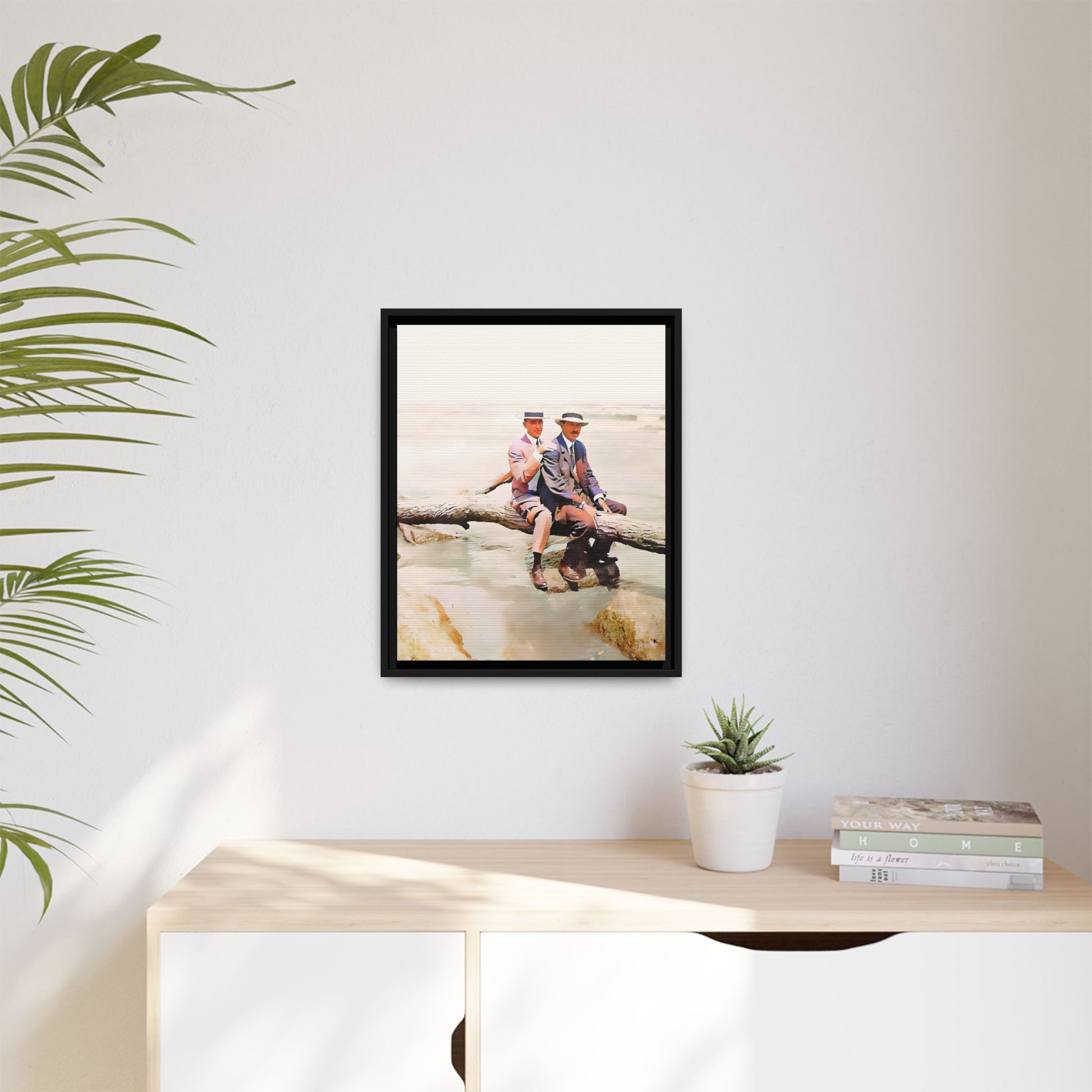 A restored vintage riverside portrait of Edward & Walter in Danbury, Connecticut. This framed matte canvas honors LGBTQ+ history, elegance, and timeless companionship. Gay Couple
