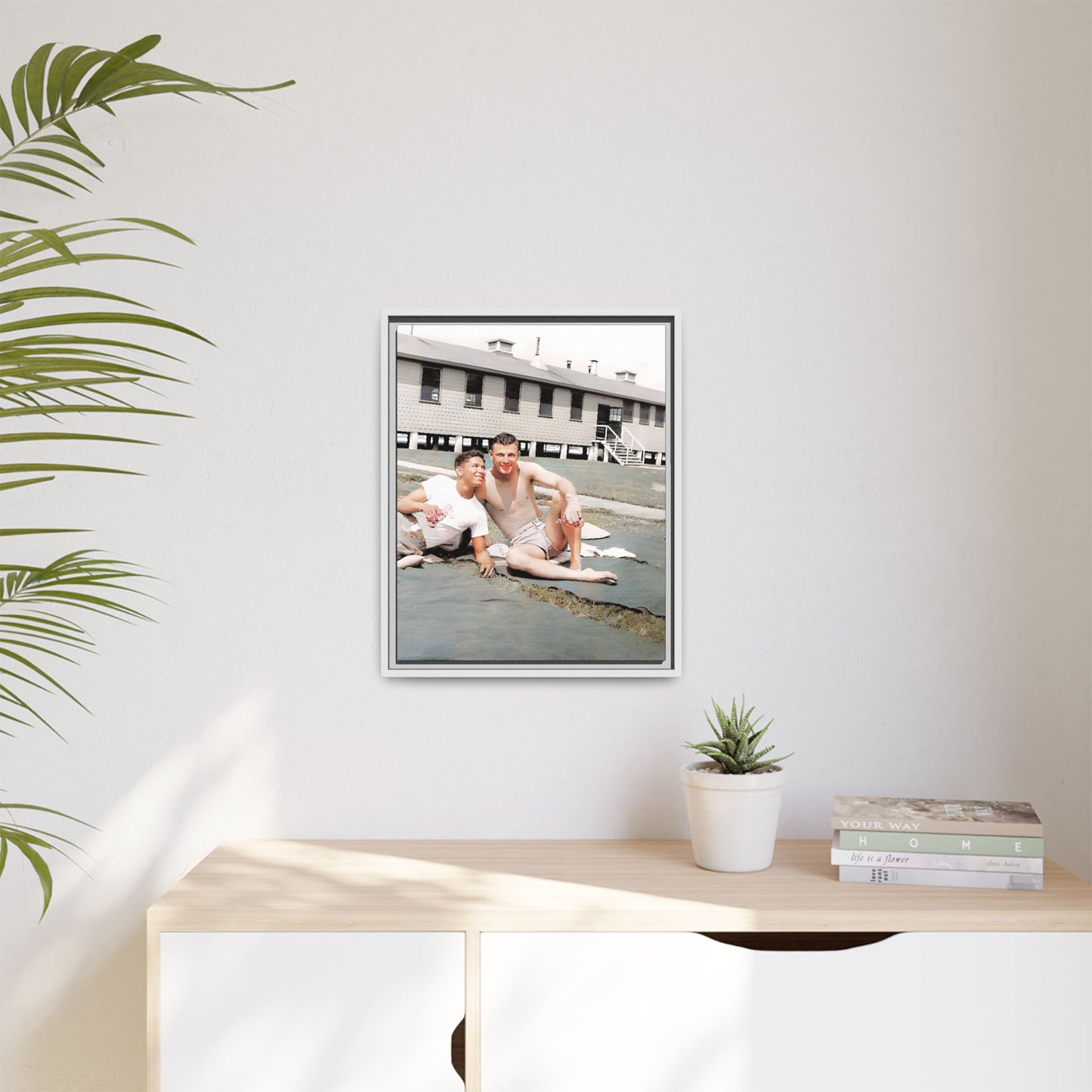 A framed vintage military portrait on matte canvas featuring Wayne and Jerry at Camp Blanding, Florida, capturing a timeless LGBTQ+ connection and companionship.
Gay Couple