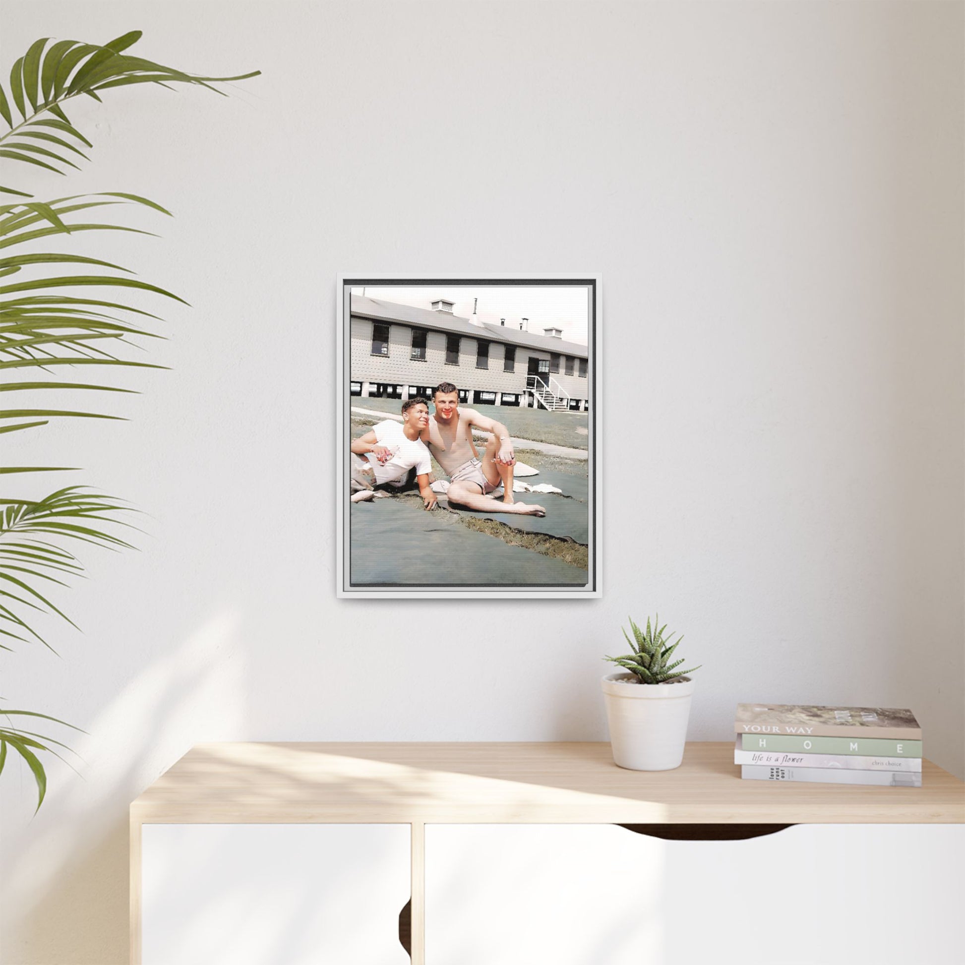 A framed vintage military portrait on matte canvas featuring Wayne and Jerry at Camp Blanding, Florida, capturing a timeless LGBTQ+ connection and companionship.
Gay Couple
