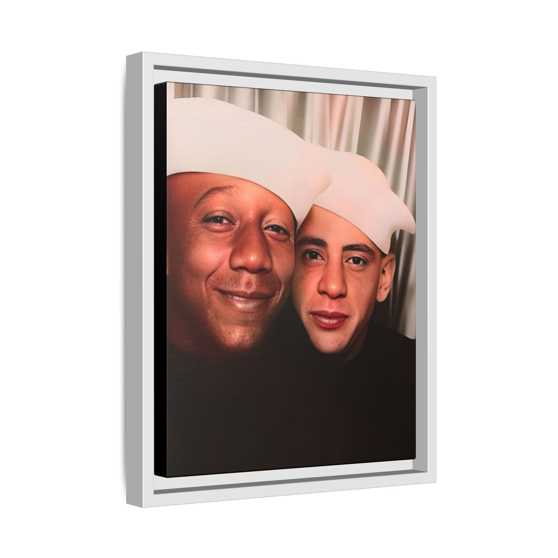 Restored vintage photo of Arthur & Marvin, WWII-era gay sailors in a photo booth, Daytona Beach FL, framed canvas art.