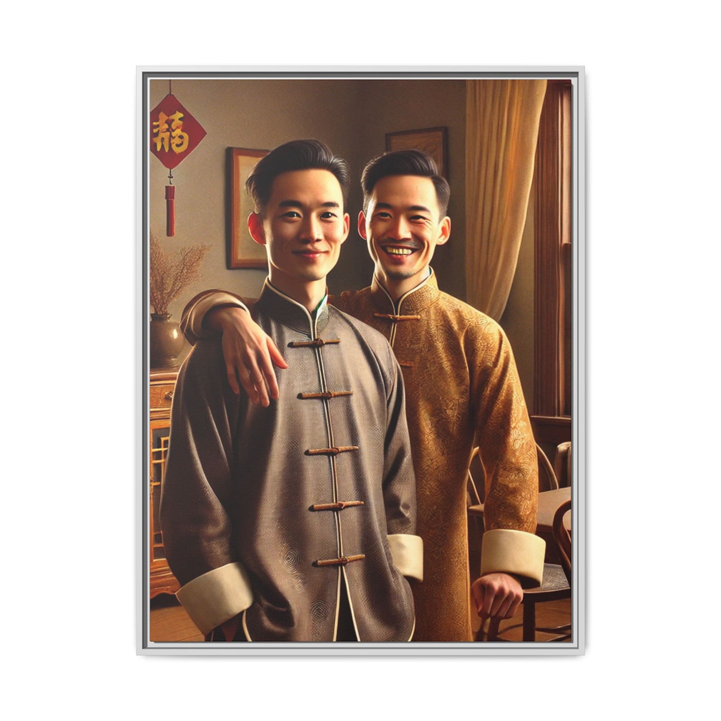 Artwork featuring a joyful portrait of a Chinese queer couple celebrating Chinese New Year in traditional attire. Set in a cozy American home adorned with subtle decorations, this image captures love, cultural pride, and warmth, blending Chinese heritage with a Midwestern setting