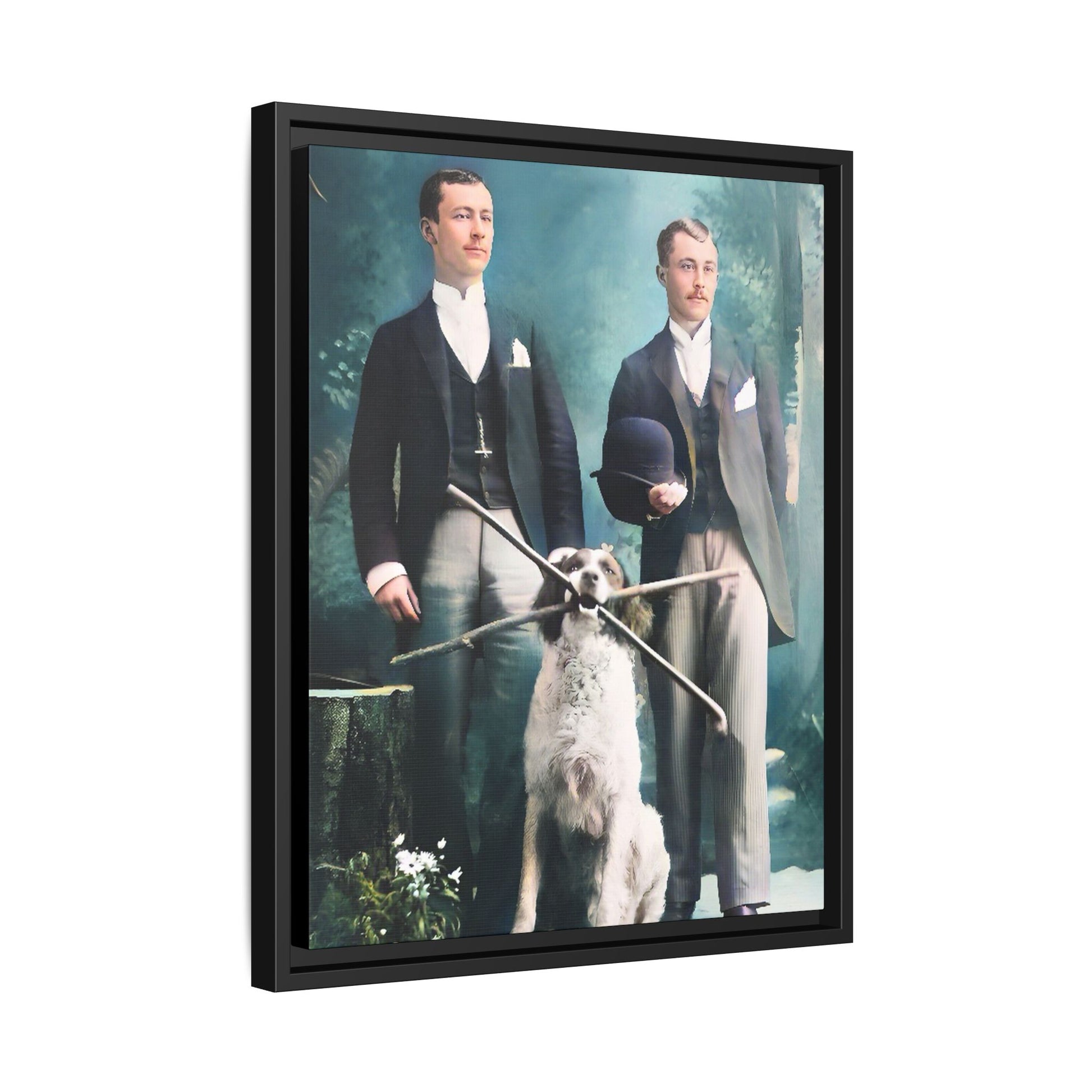 Restored vintage photograph of Patrick and Everett, an Edwardian gay couple with their loyal dog, taken in early 1900s Frankfort, Kentucky. Framed matte canvas print celebrating LGBTQ+ history, love, and companionship. Gay Couple